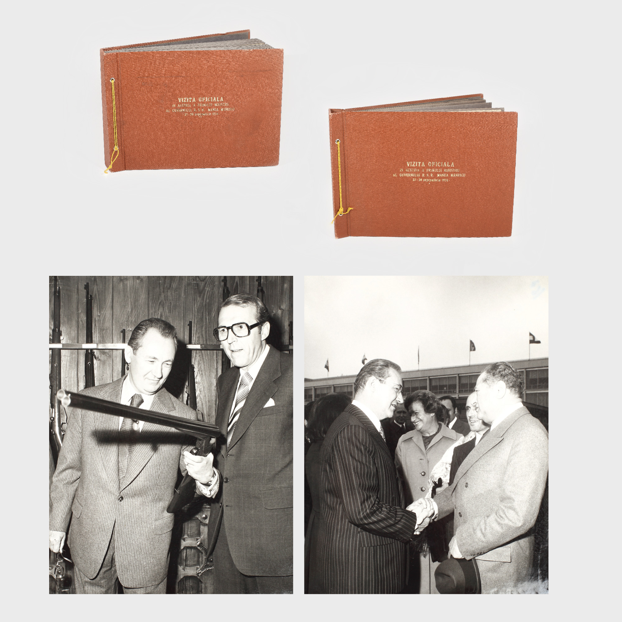 Lot format din două volume ale albumului "Vizita oficială în Austria a primului ministru al guvernului R.S.R., Manea Mănescu, 27-30 Septembrie 1976", însumând 125 de fotografii 