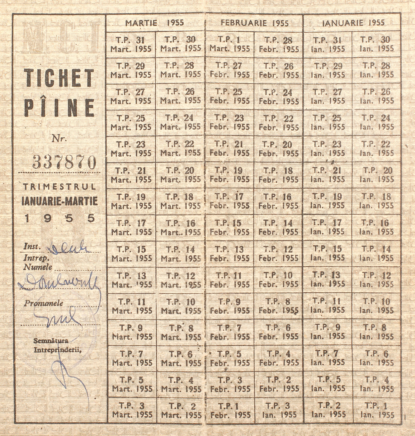 Tichet de pâine, trimestrul ianuarie-martie 1955