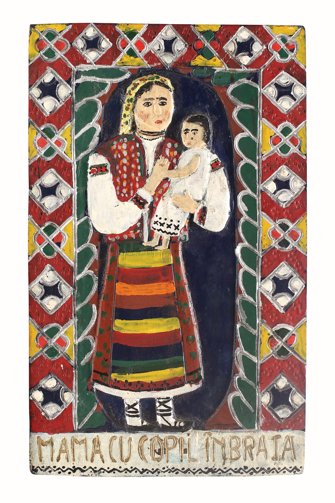 "Mamă cu copil în brață", pictură naivă de Săpânța
