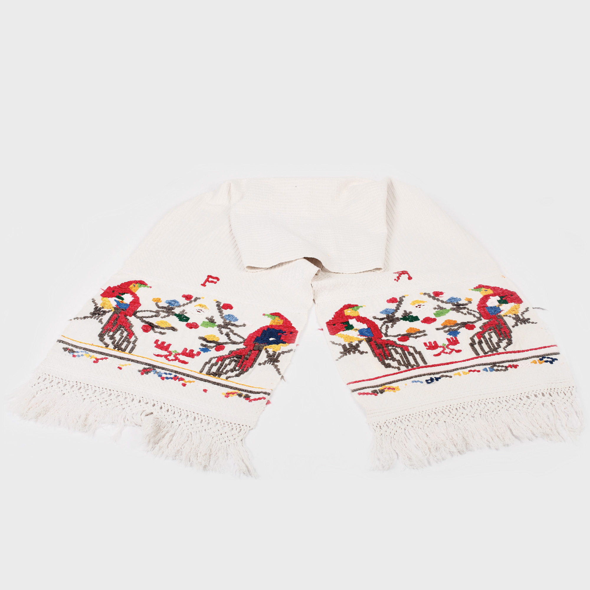 Ştergar decorat cu flori şi păsări, monogramat, Satu Mare, primul pătrar al sec. XX