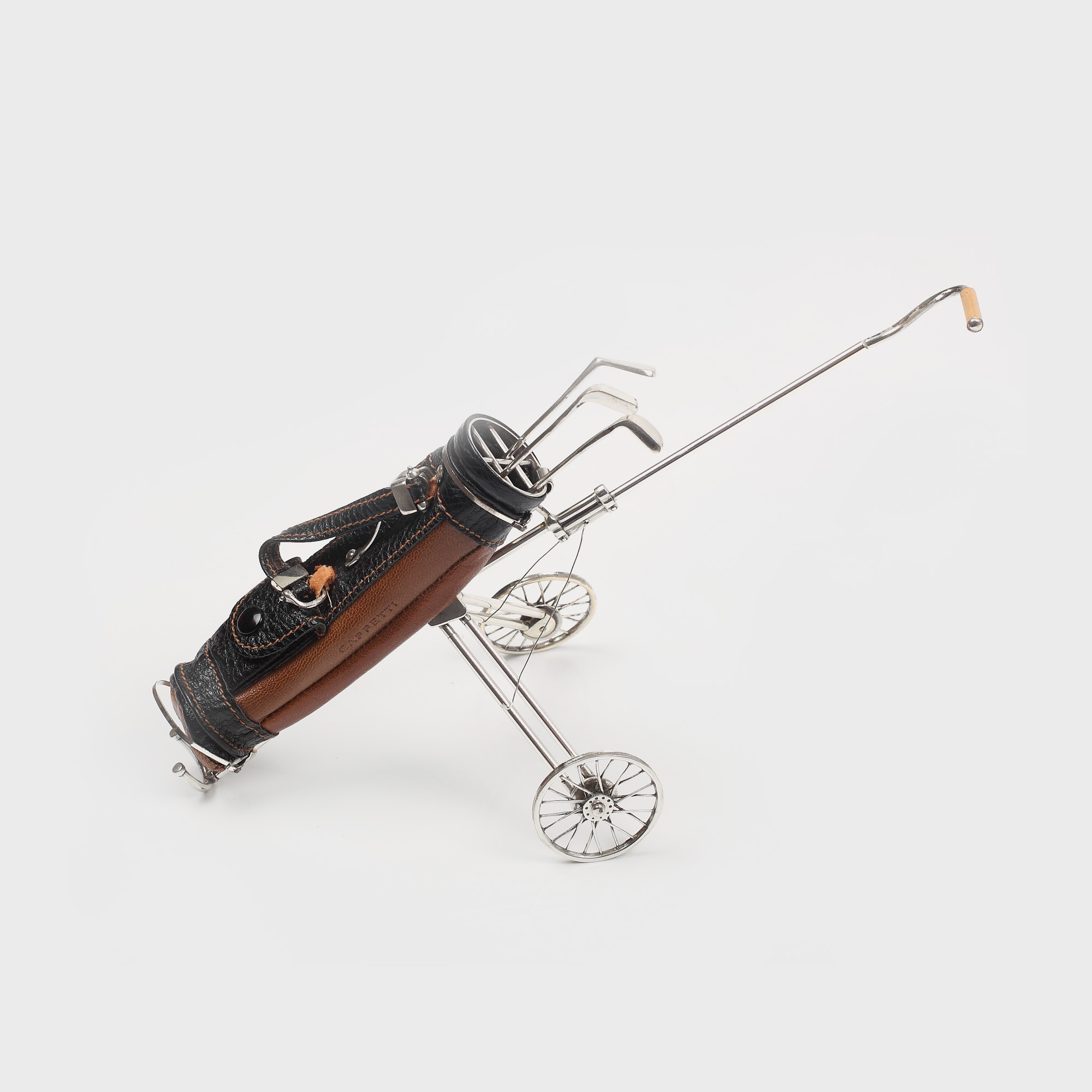 Set miniatural de crose de golf, din argint și piele