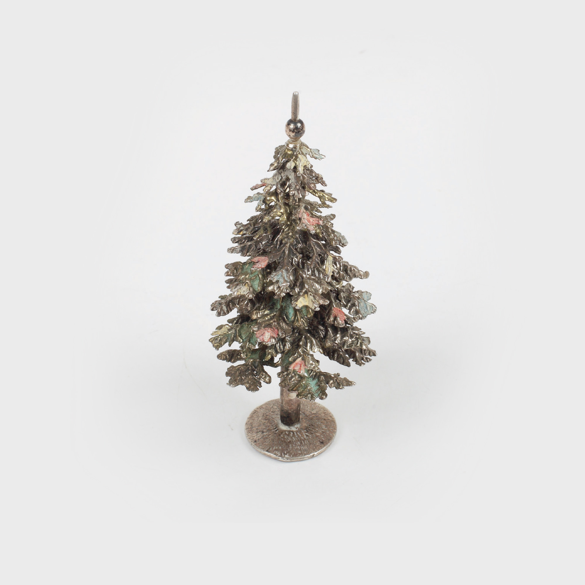 Delicat brad de Crăciun miniatural, din argint, decorat cu email