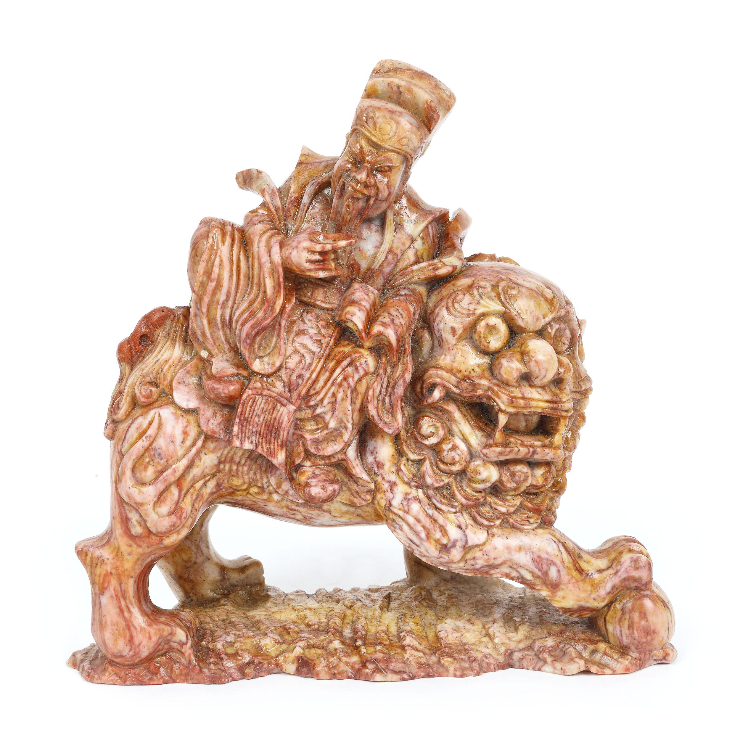 Maestru Luohan călărind un leu budist, sculptat în steatit, perioada Qing, China, sec. XVIII-XIX