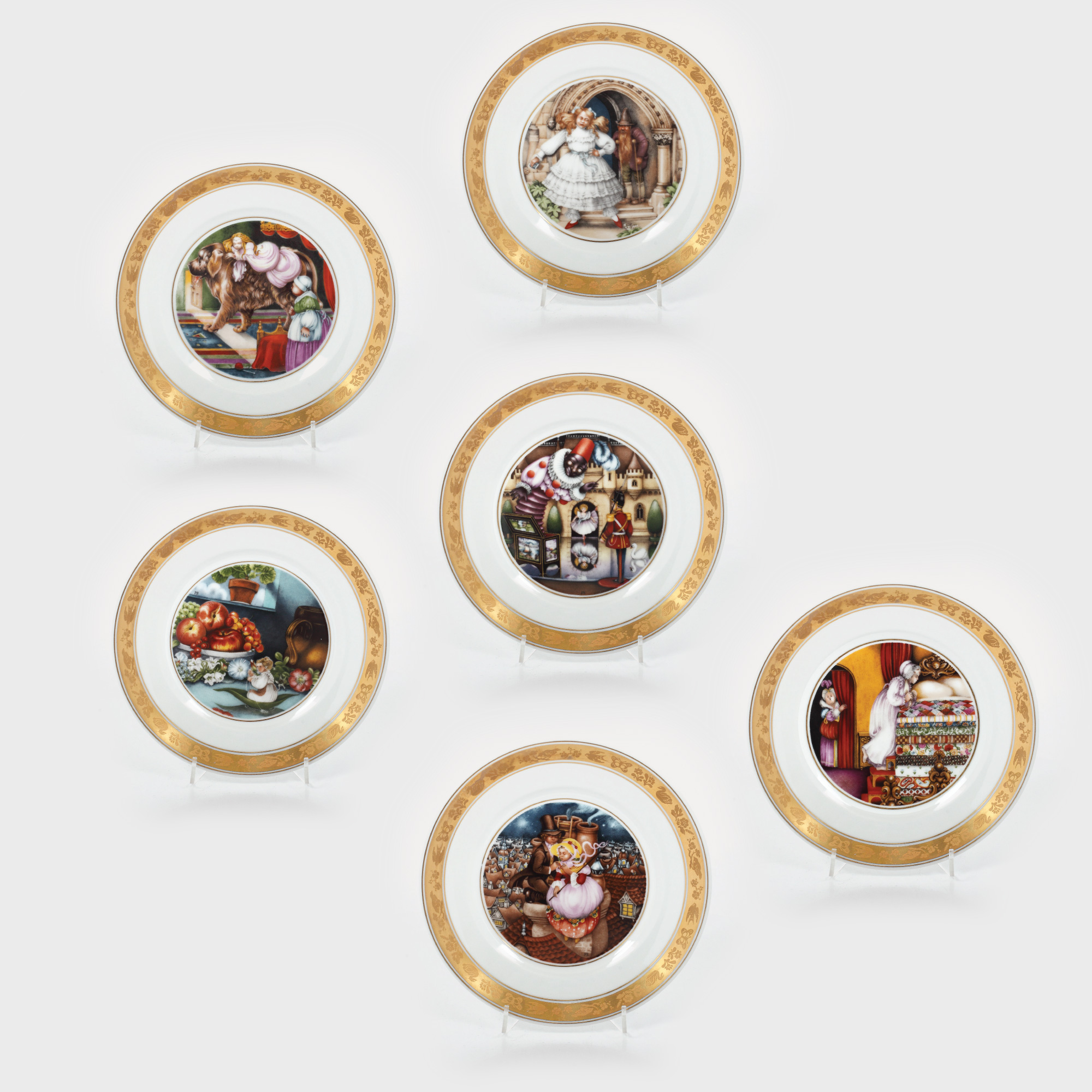 Set de 6 farfurii din porțelan Royal Copenhagen, ilustrând scene din basmele lui Hans-Christian Andersen