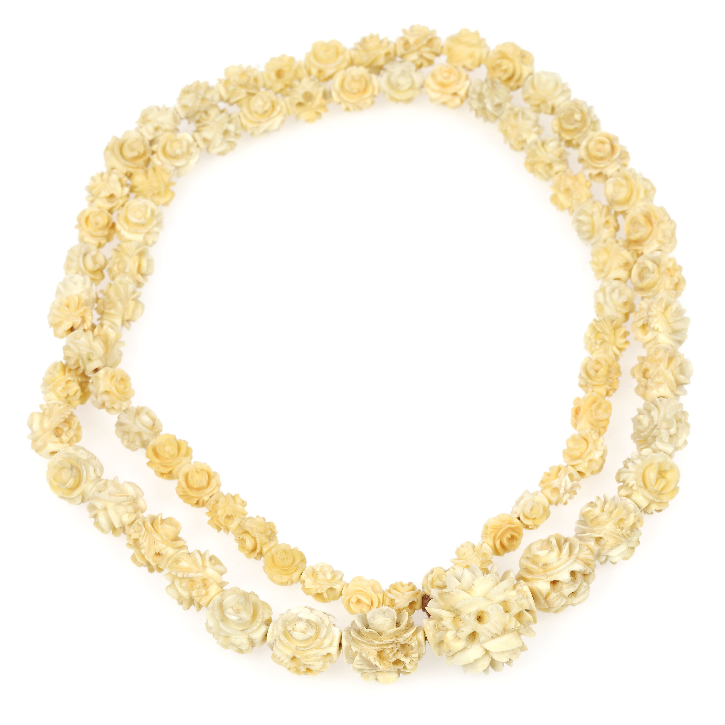 Beautiful ivory necklace decorated with manually sculpted roses, the Qing Dynasty Era, China, circa 1900