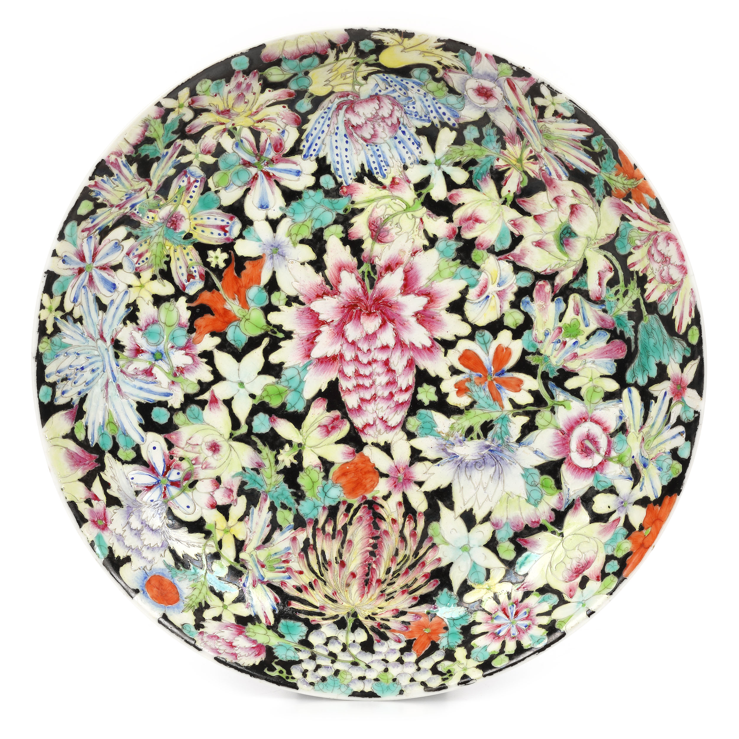 Platou din porțelan, decorat cu ”Mille fleurs”, marcat Qianlong, China, sec. XVIII-XIX