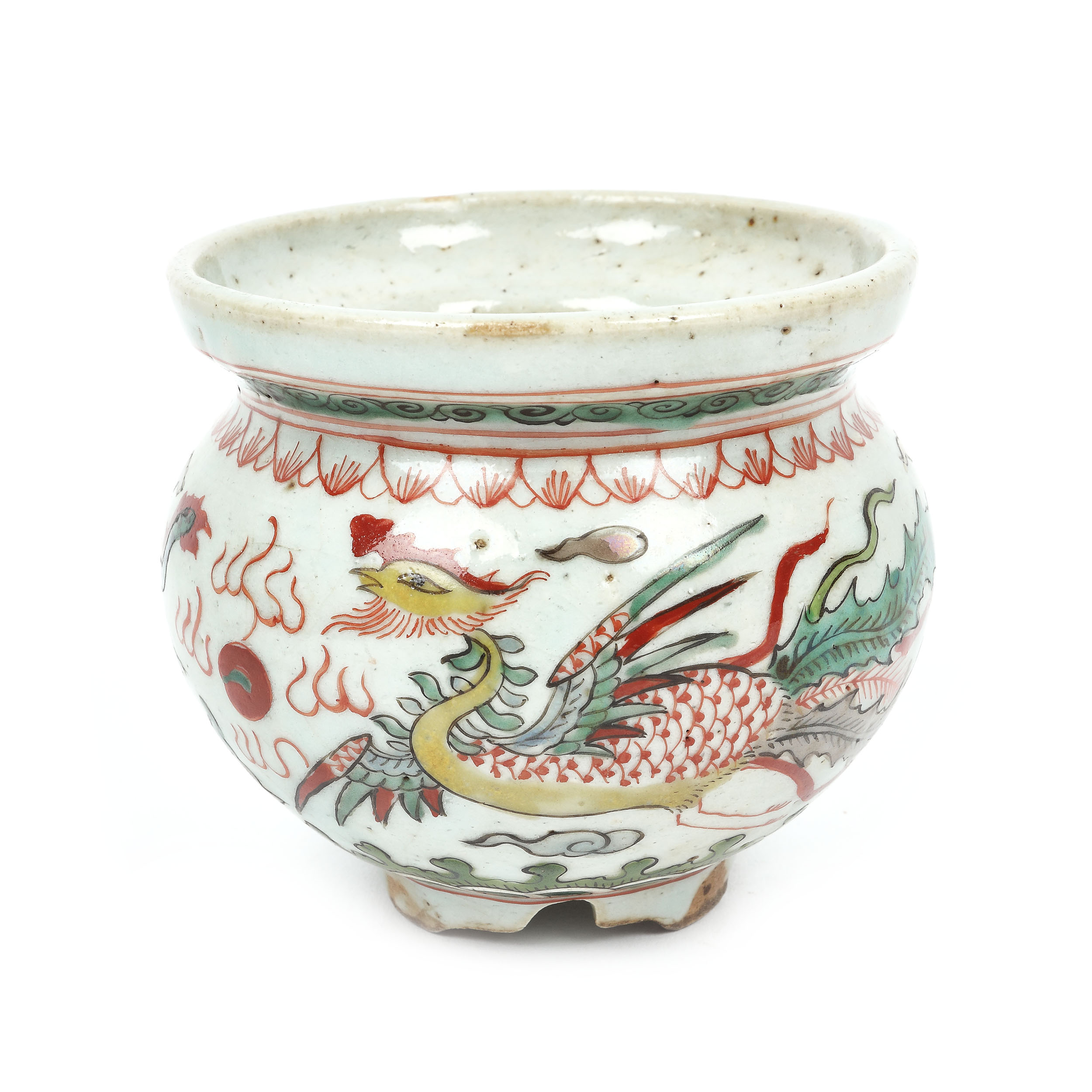 Censer din porțelan, decorat cu motivul dragonului și al păsării phoenix, în stilul specific perioadei dinastiei Ming, China, sec. XVII