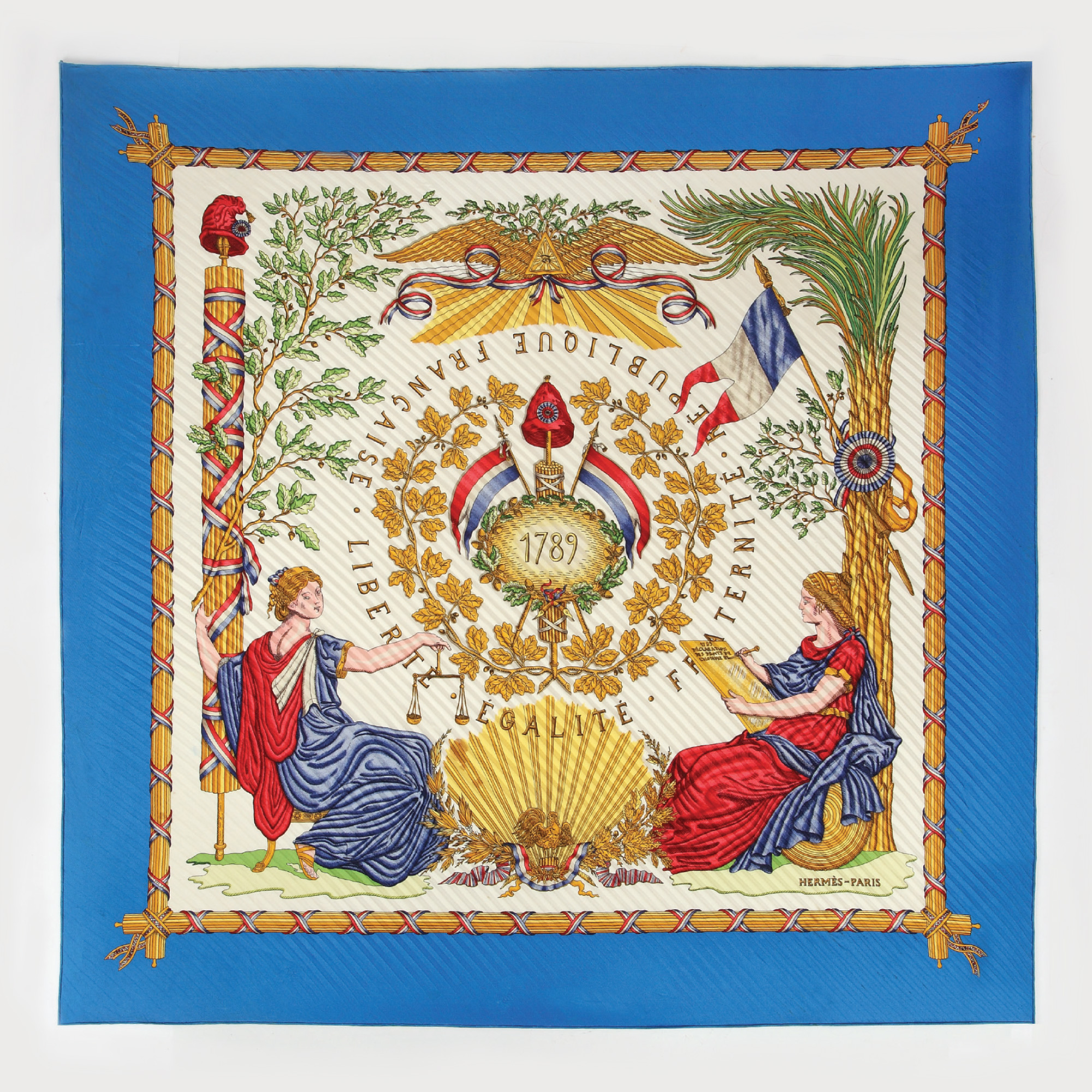 Eșarfă Hermès "République Française Liberté Égalité Fraternité - 1789", designer Joachim Metz, din mătase naturală, 1989, piesă de colecție