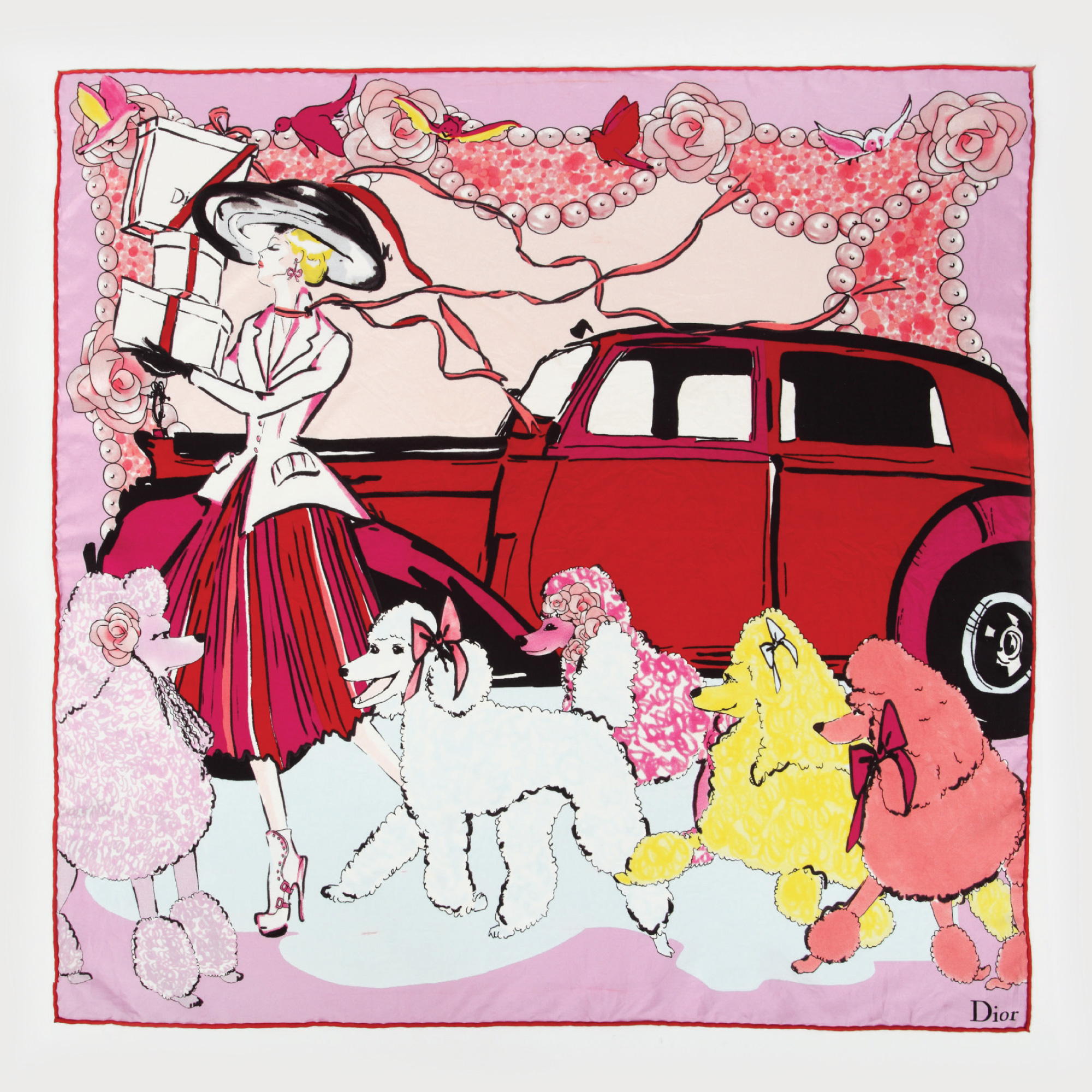 Eșarfă Christian Dior, din mătase naturală, decorată cu scenă pariziană, emblematică anilor '40