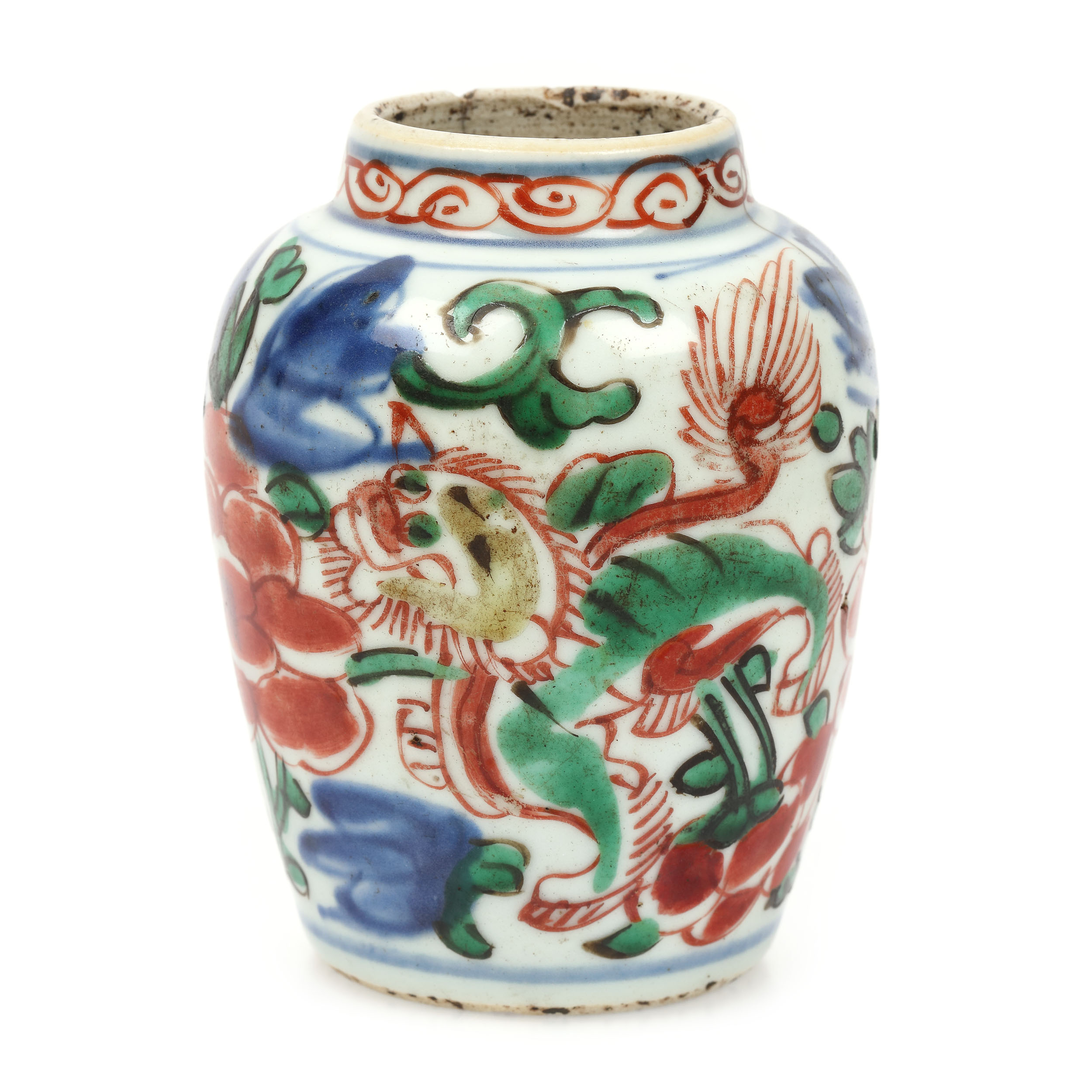 Vas Wucai din porțelan, decorat cu motivul bujorilor și lei Foo, perioada Shunzhi, China, cca. 1644-1661