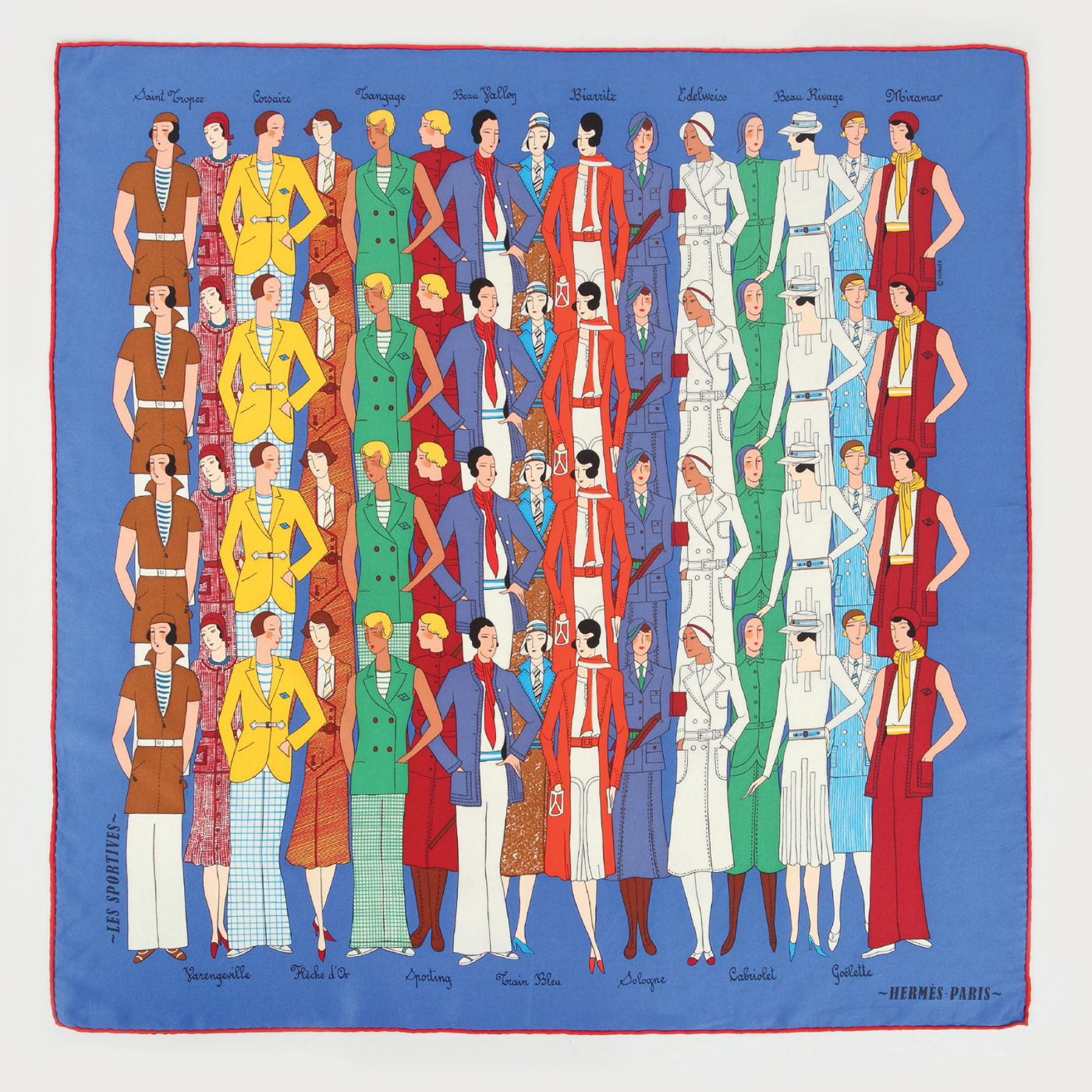 Eșarfă Hermès "Les Sportives", din mătase naturală, manieră Art Deco