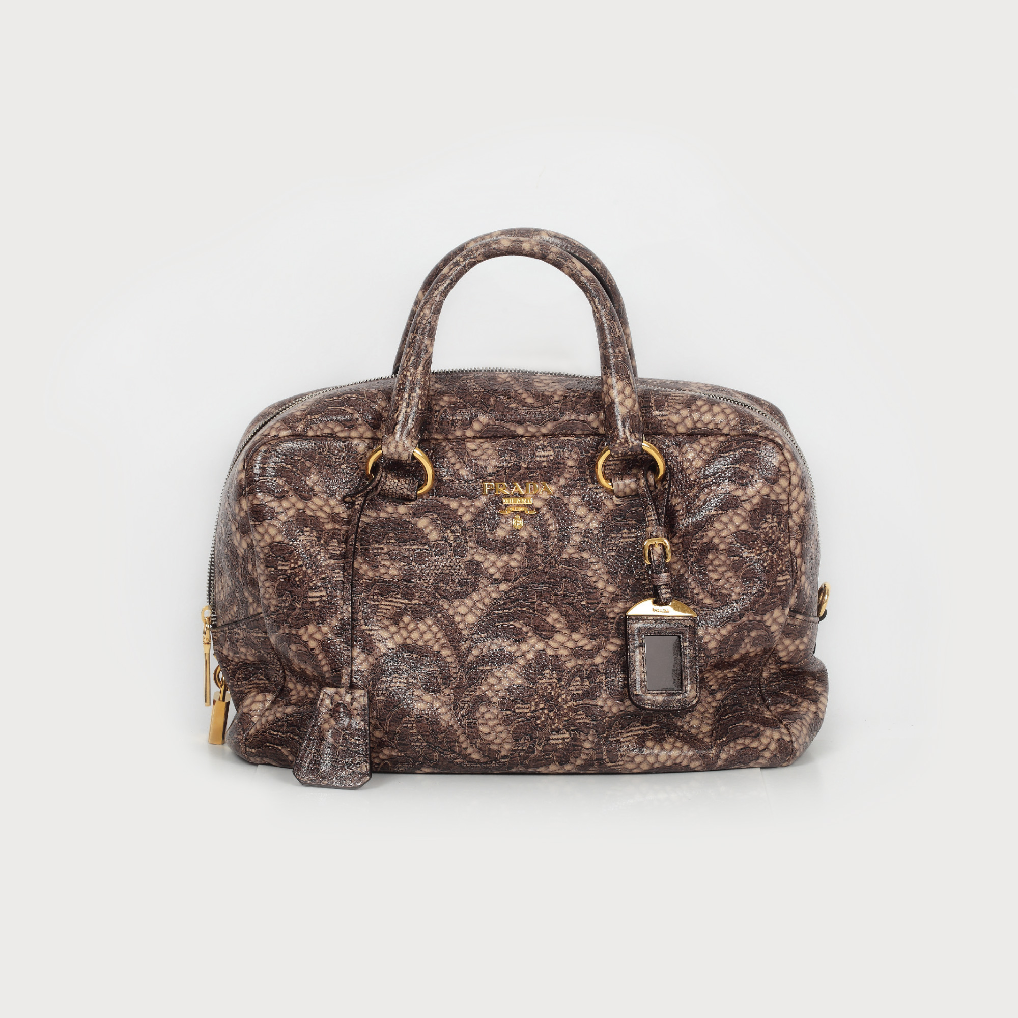 Poșetă Prada "Talco Lace Print Cervo Lux Bauletto", din piele de căprioară