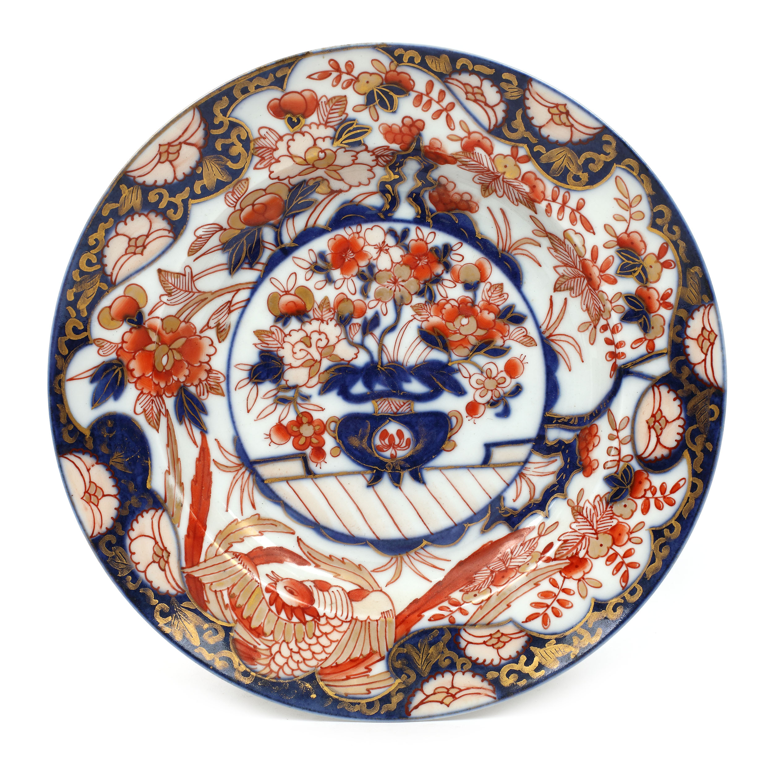 Platou din porțelan decorat cu motivul păsării Phoenix, în manieră Imari (cobalt, roșu de fier și aur), perioada Kangxi, China, cca. 1662-1722