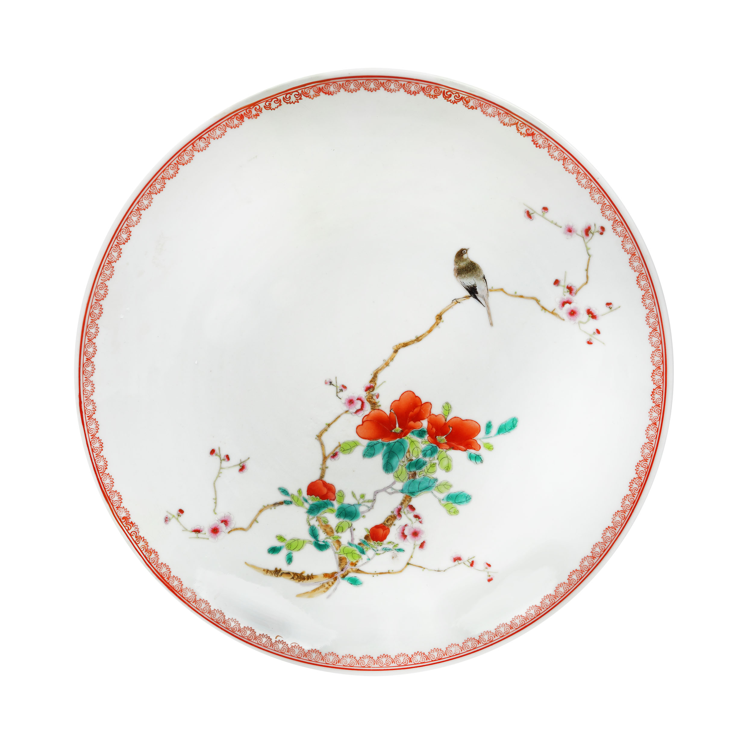 Platou de mari dimensiuni, aparținând "Famille rose", din porțelan marcat Qianlong, perioada Republicană, China, prima jumătate a sec. XX