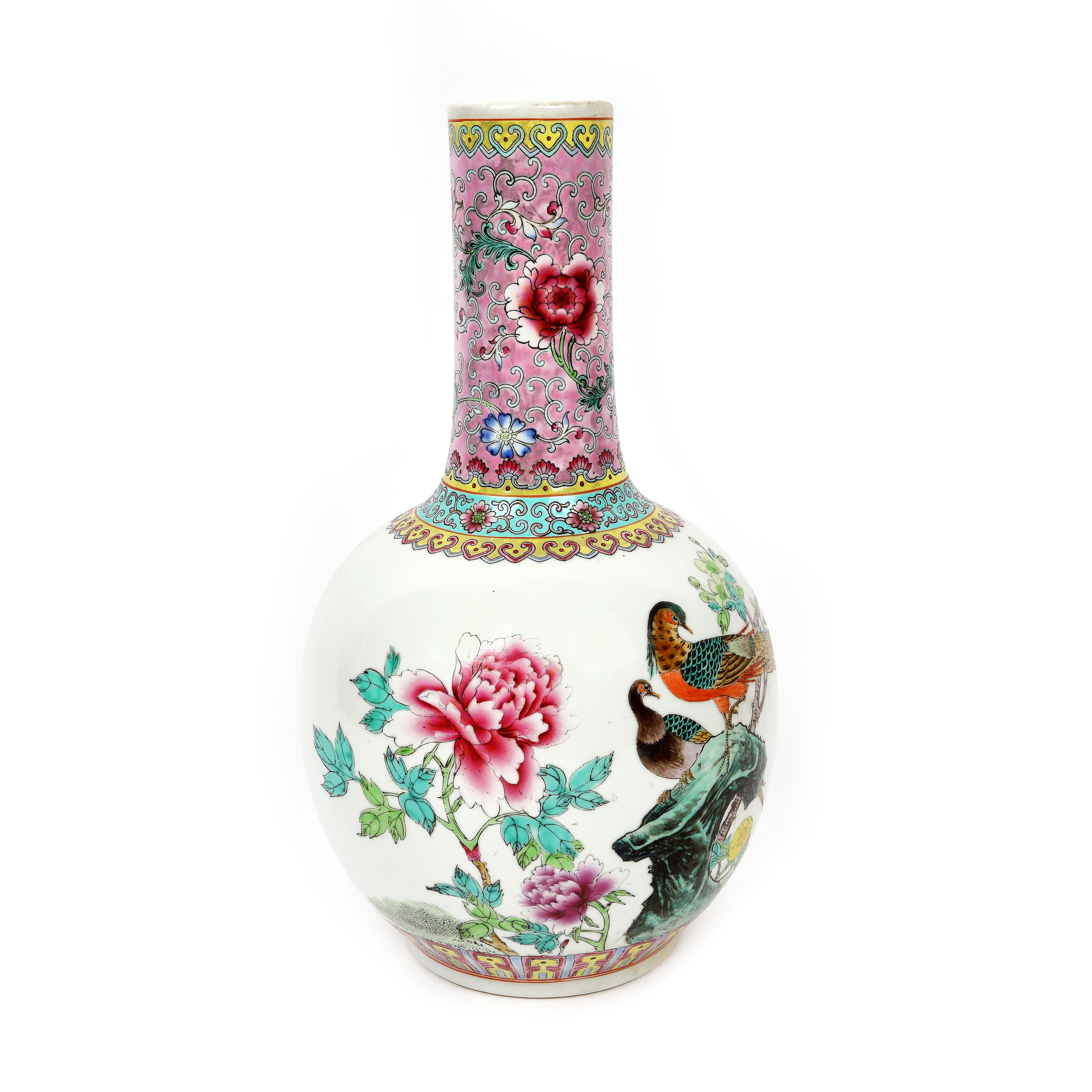 Vas din porțelan, decorat păsări și crizanteme, purtând marca artistului Liu Yucen și a atelierului Jingdezhen, perioada Republicană, China, cca. 1950