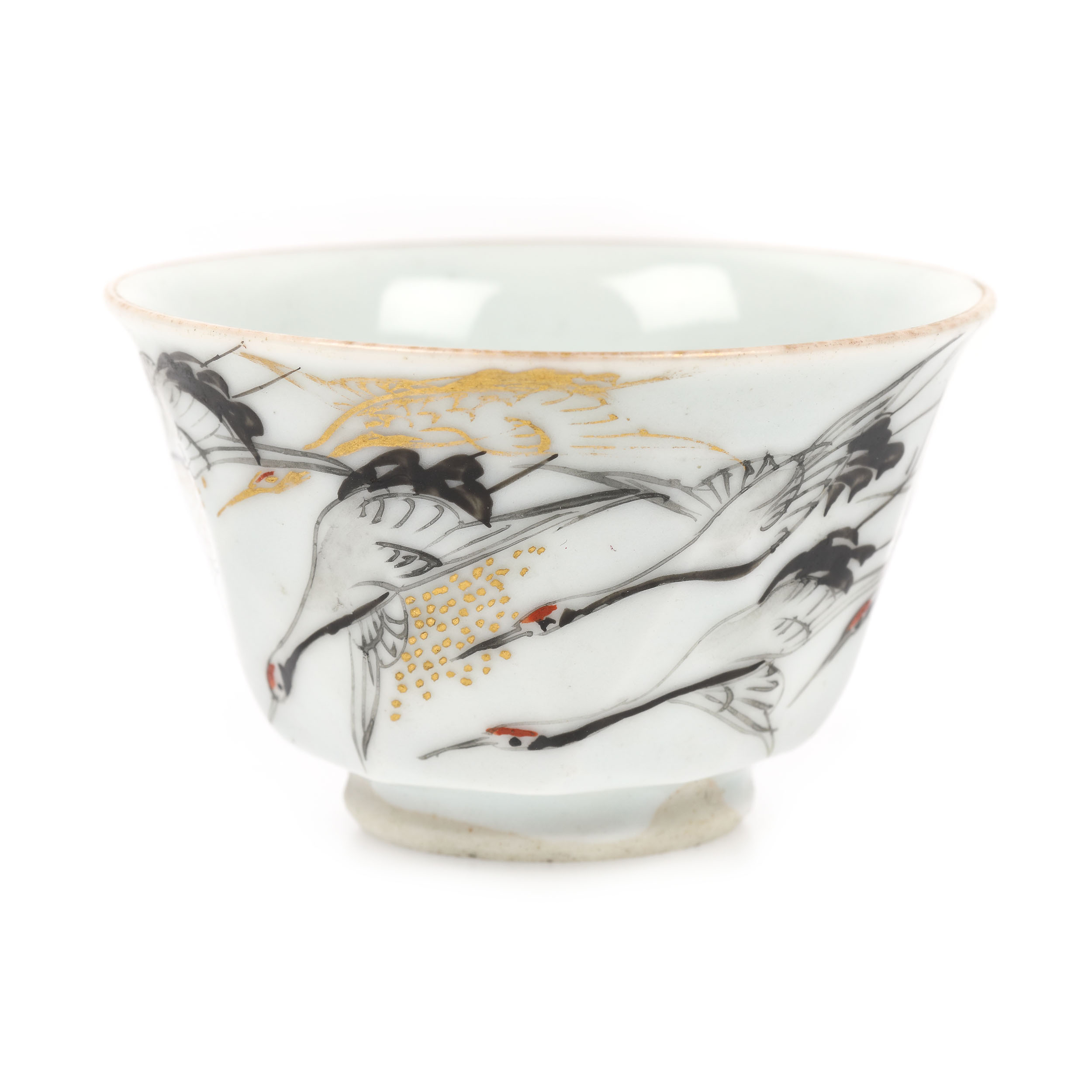 Miniature porcelain bowl decorated with the cranes motif, ”Zo Yei-raku Dai Nip-pon” marked (crafted by the Yeiraku of Great Japan), the Meiji Period, Japan, circa 1880-1900
