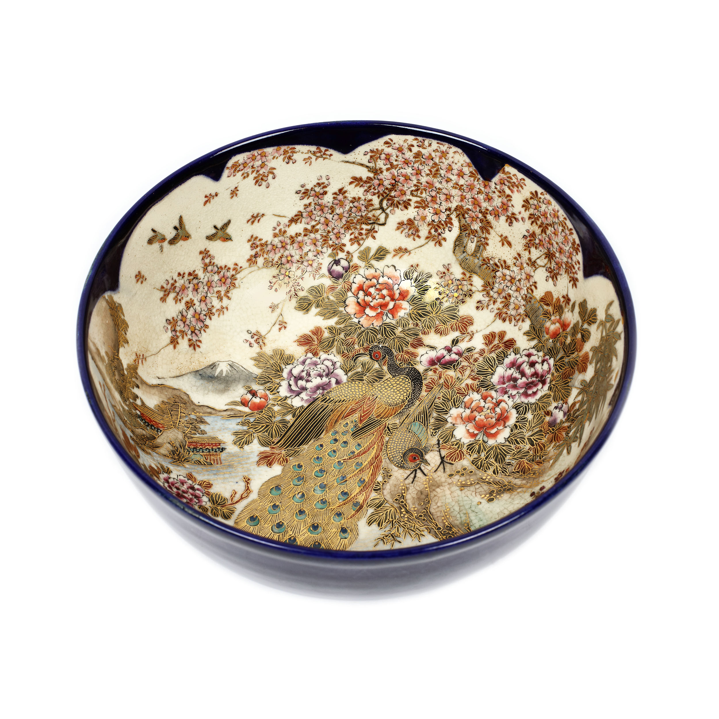 Bol din ceramică pictată manual și parțial aurită, decorat cu email cobalt, atelier Satsuma, perioada Meiji, Japonia, sec. XIX