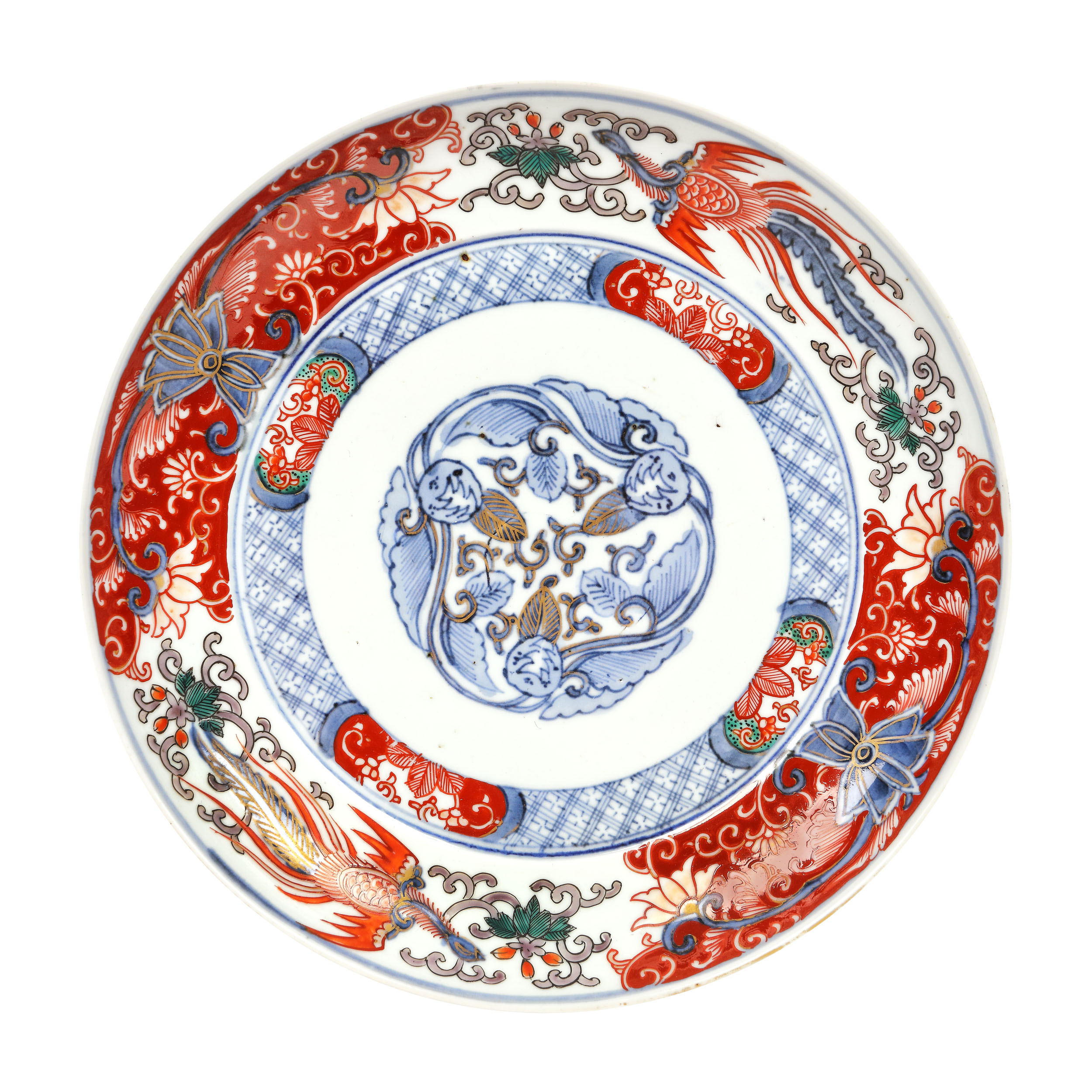 Platou din porțelan decorat cu motivul phoenixului, manieră Imari, manufactură Arita, purtând marca ”Fuki Choshun”, în traducere liberă ”Bogăție, noblețe, longevitate și tinerețe”, perioada Edo, Japonia, cca. 1850