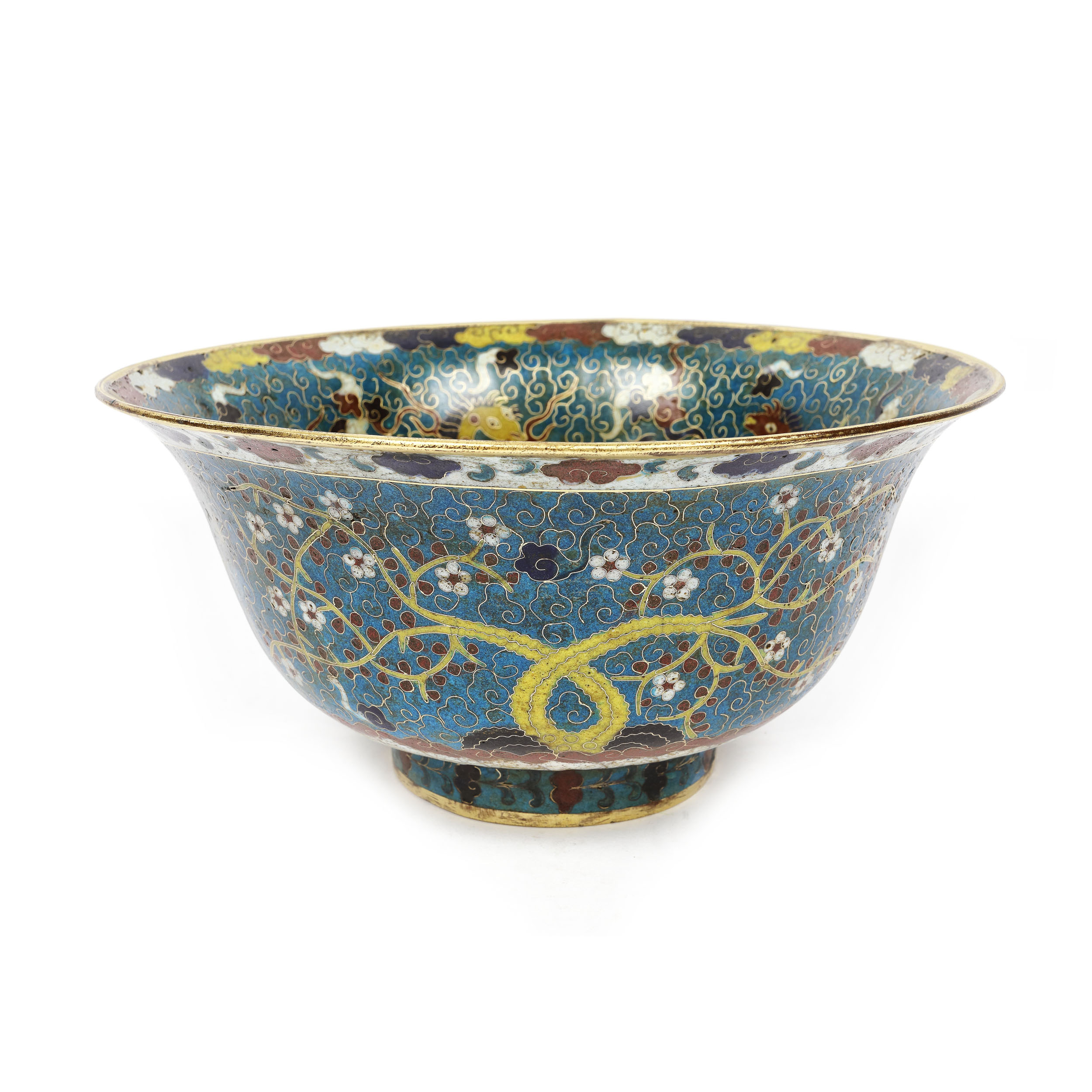Bowl of impressive size decorated with the "Three Friends of Winter" (the pine, the bamboo, the plum tree) and "Koi fish in the Waves and Horses" motifs, cloisonné and bronze d'ore, China,  Chenghua-marked, the Ming Dynasty Era, circa 1465-1487