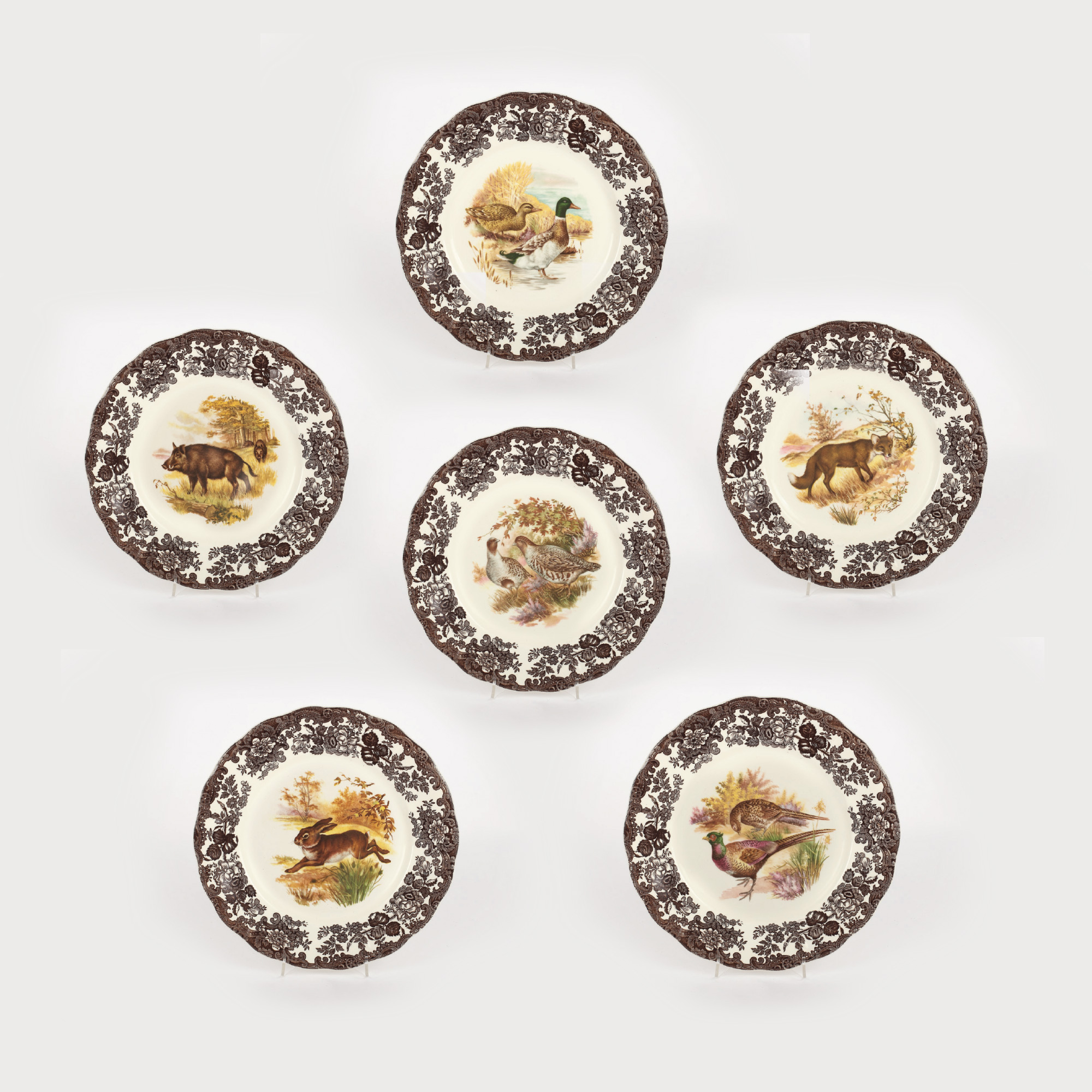 Set de șase farfurii din faianță Royal Worcester Palissy, manieră edwardiană, decorate cu animale și păsări