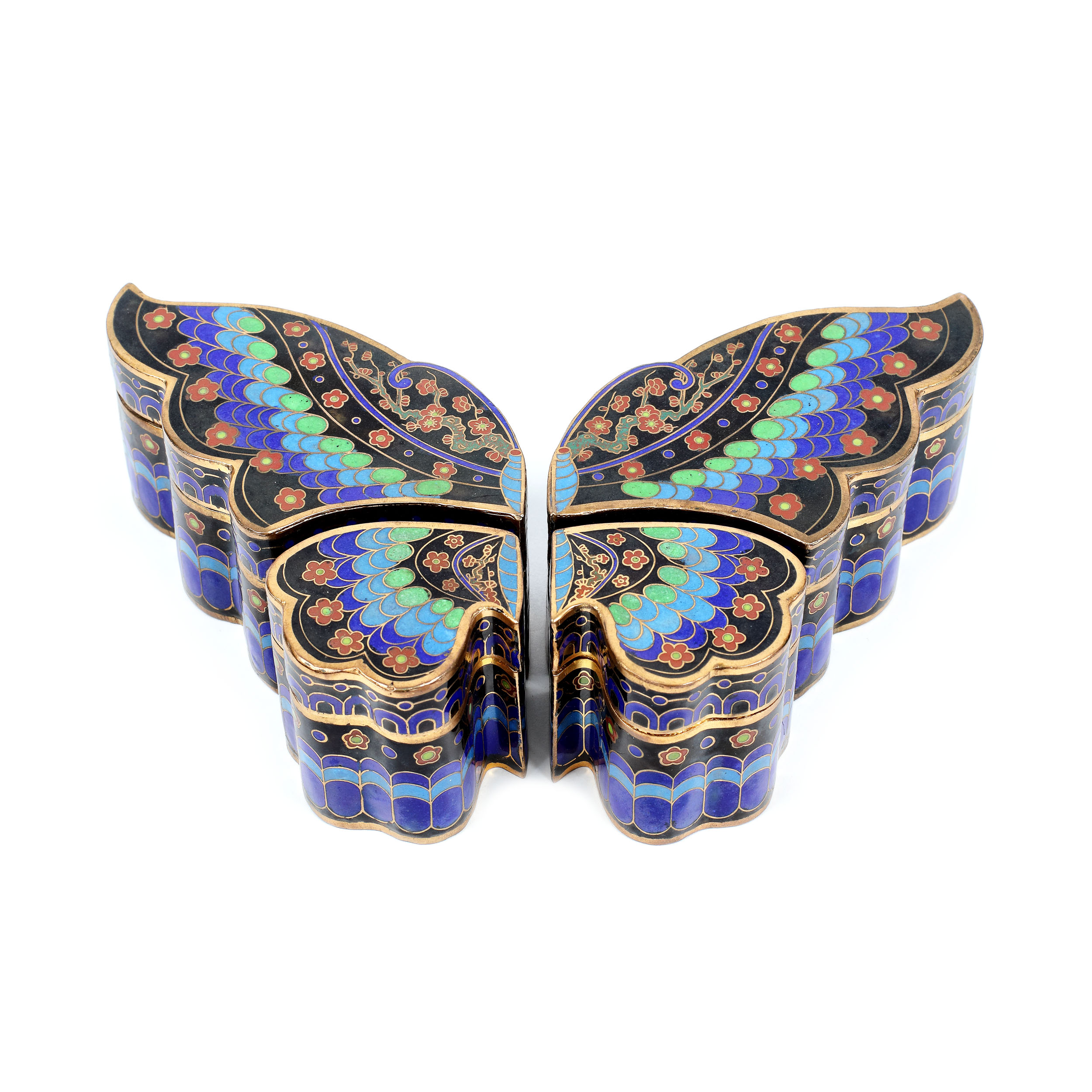 Set of four bronze d'ore boxes , forming a butterfly, decorated in cloisonné style, the Republican Period, China, mid 20th century