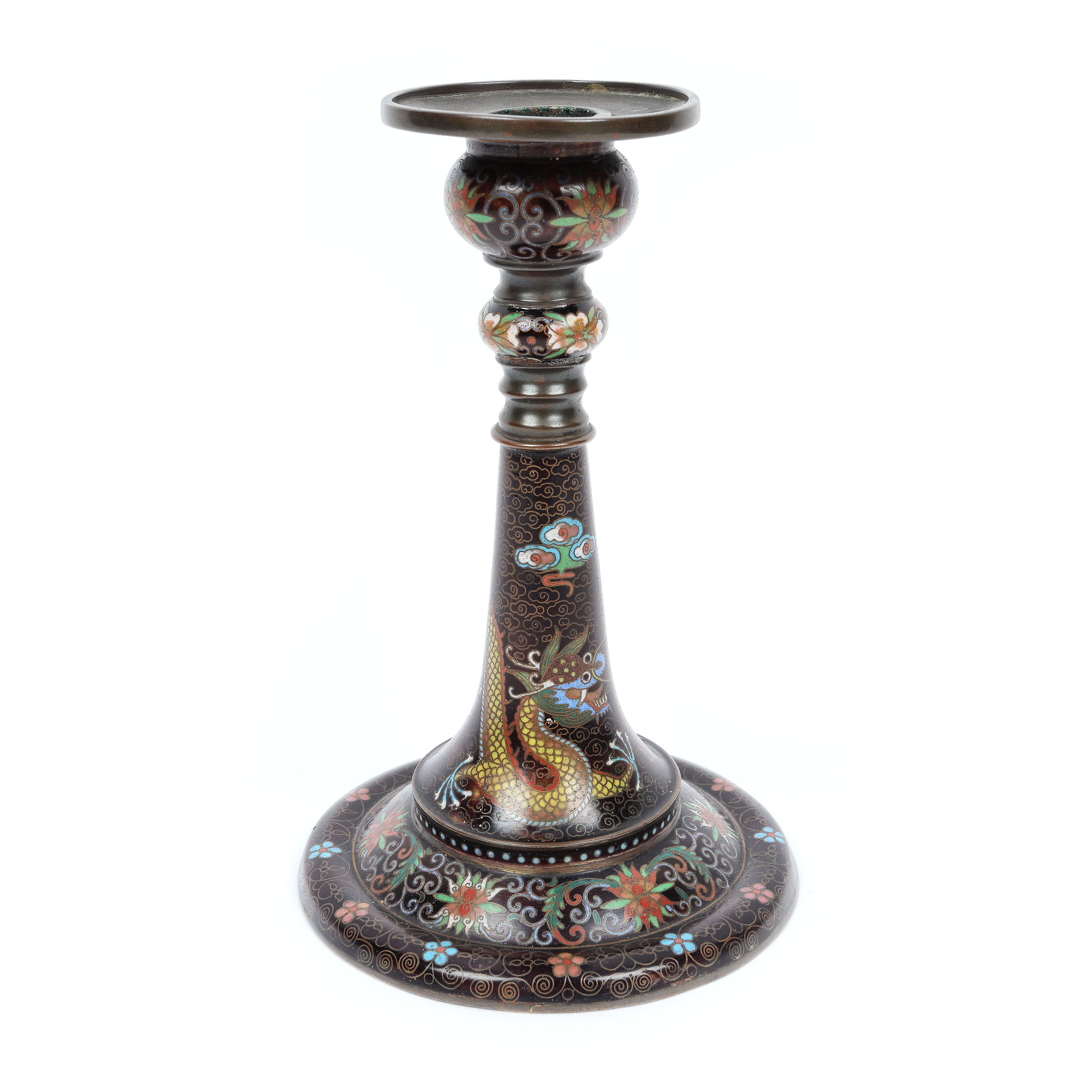 Sfeșnic în manieră cloisonné, atelier Lao Tianli, perioada Guangxu-Republicană, China, începutul sec. XX
