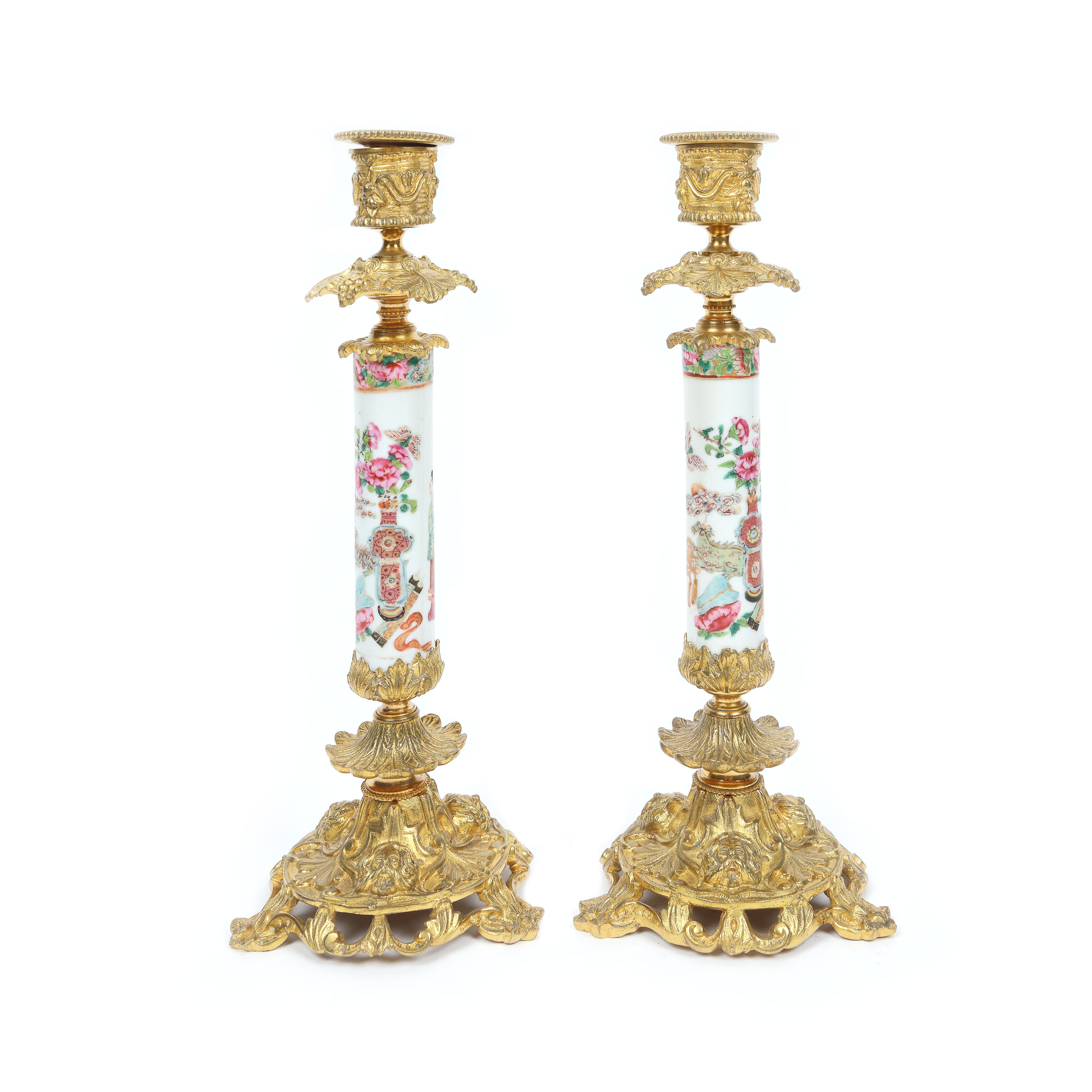 Pair of "Famille rose" candlesticks, made of porcelain and bronze d'ore, the Daoguang Period, China, circa 1821-1850