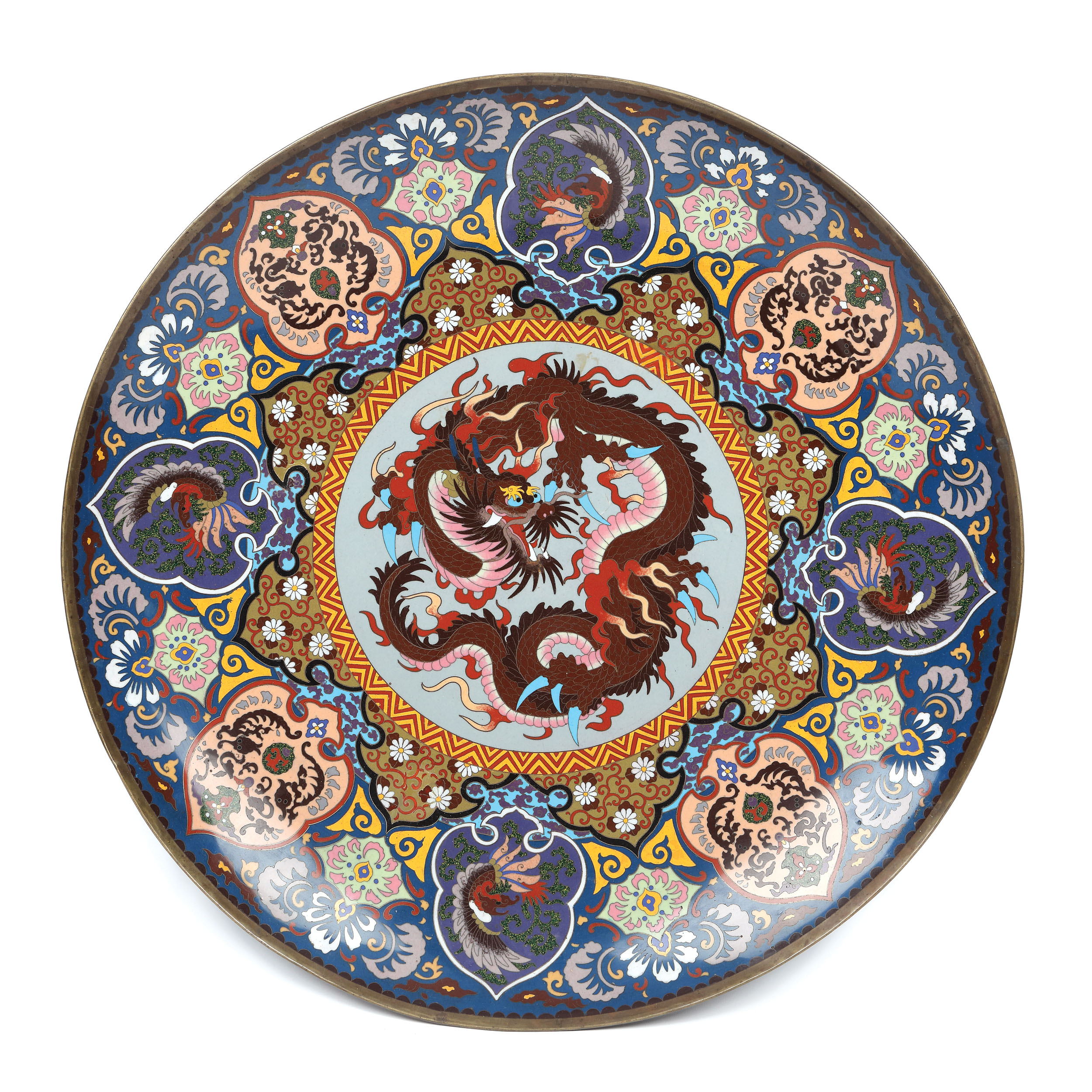 Dish decorated in cloisonné style, of impressive size, decorated with the Imperial Dragon motif, the Meiji Period, Japan, the end of the 19th century