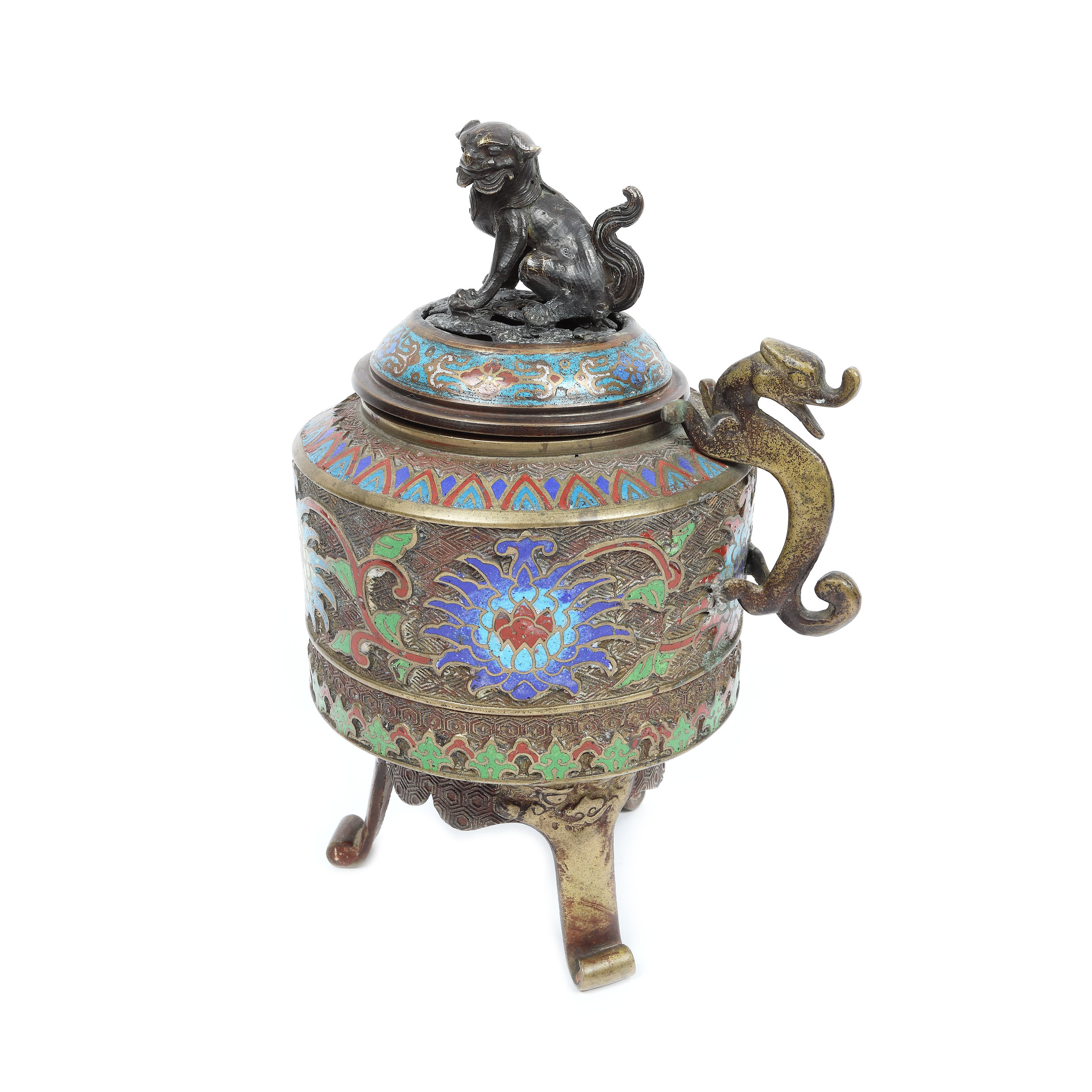 Vas din bronz, pentru ars tămâie, decorat cu email în manieră cloisonné, perioada Qing, China, sfârșitul sec. XVIII