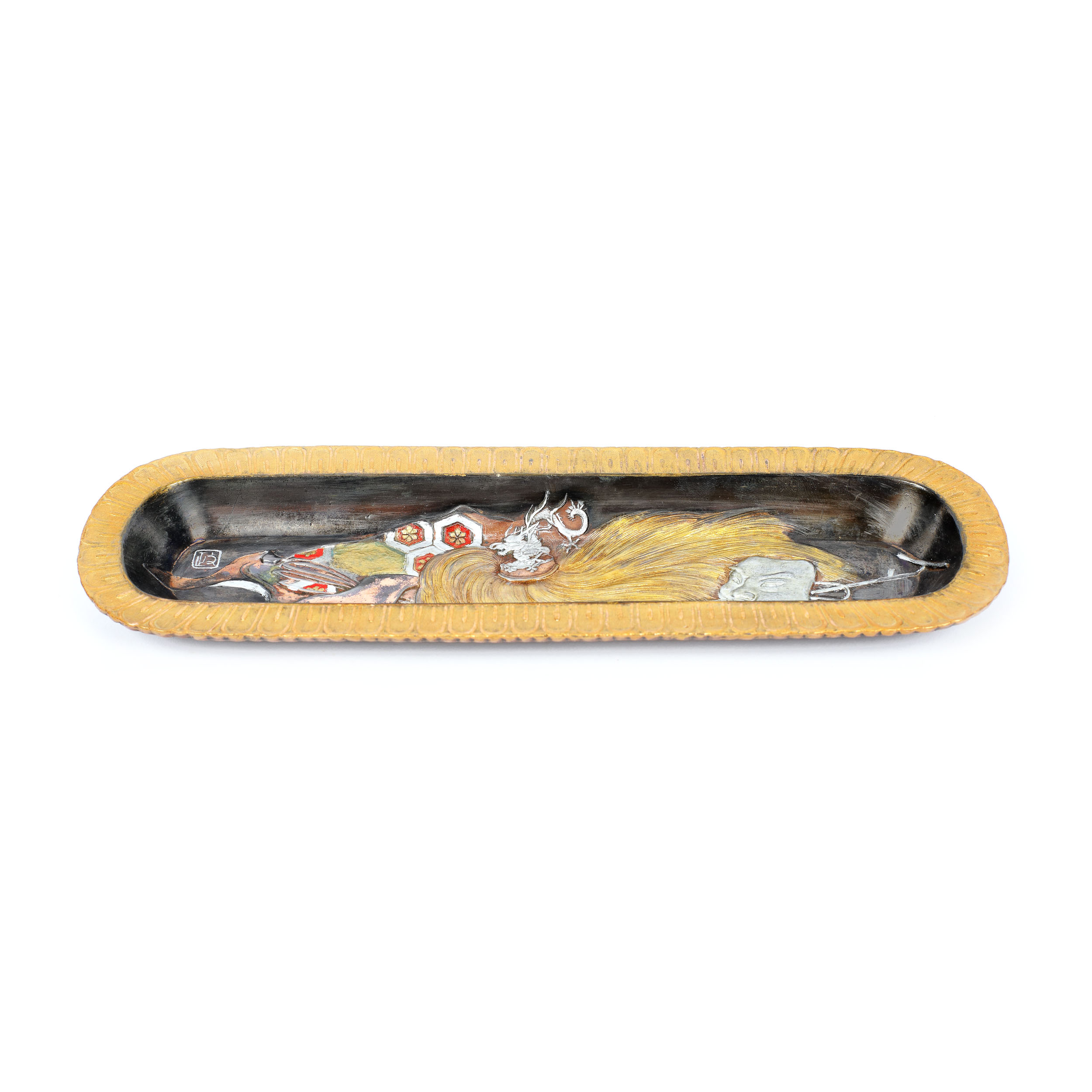 Platou miniatural din bronz d'ore, argintat și pictat cu email, cu decor alegoric, marcat și semnat, Japonia, perioada Meiji, sec. XIX