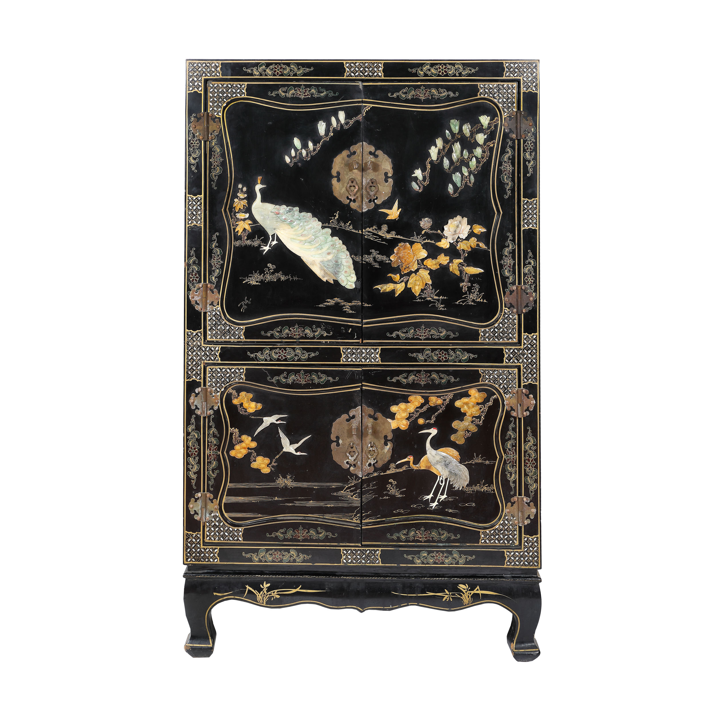 Impozant cabinet din lemn exotic, os și sidef, decorat cu păsări și flori, sfârșitul perioadei Qing, China, începutul sec. XX
