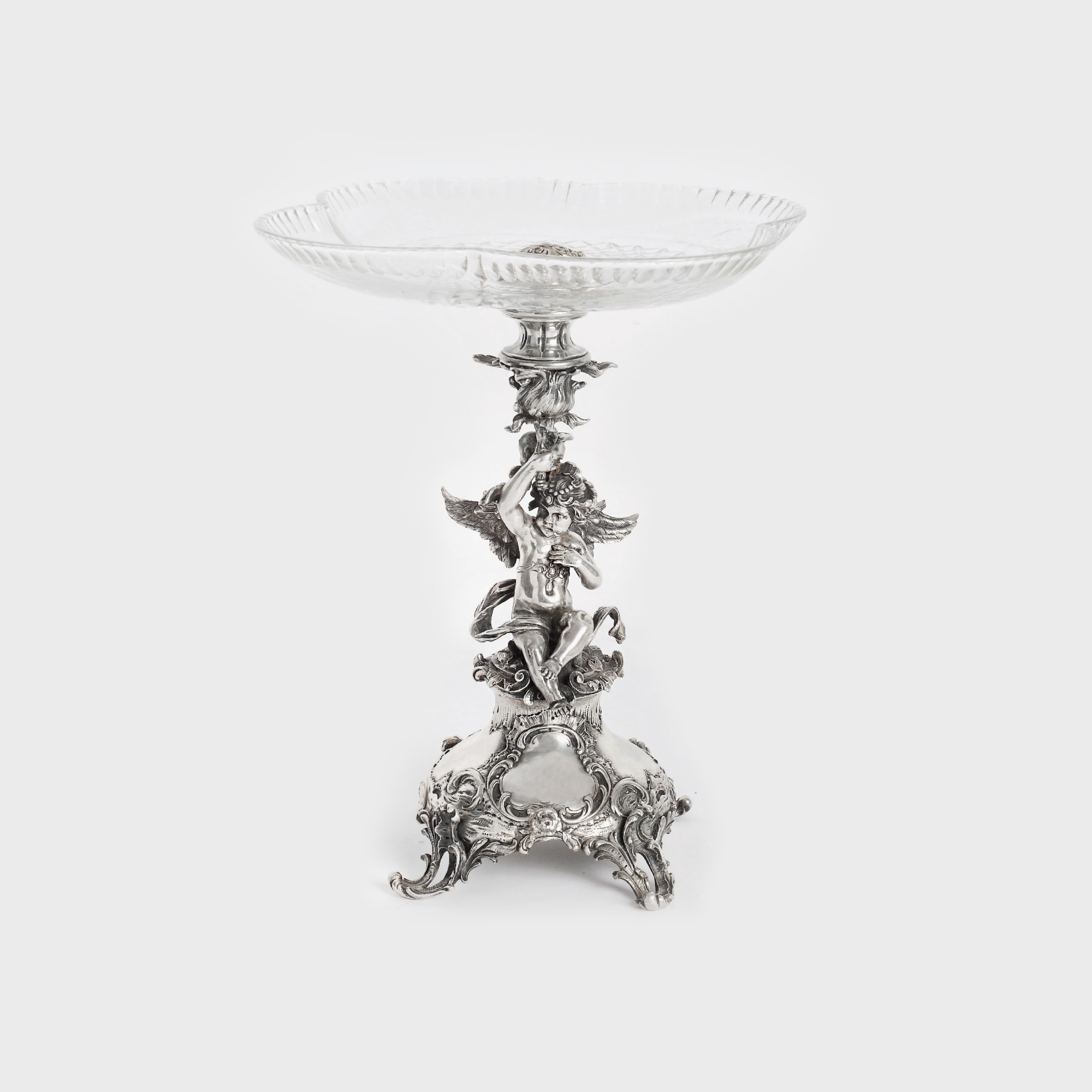 Fructieră monumentală din argint și cristal, decorată în stil Rococo, sfârșitul sec. XIX