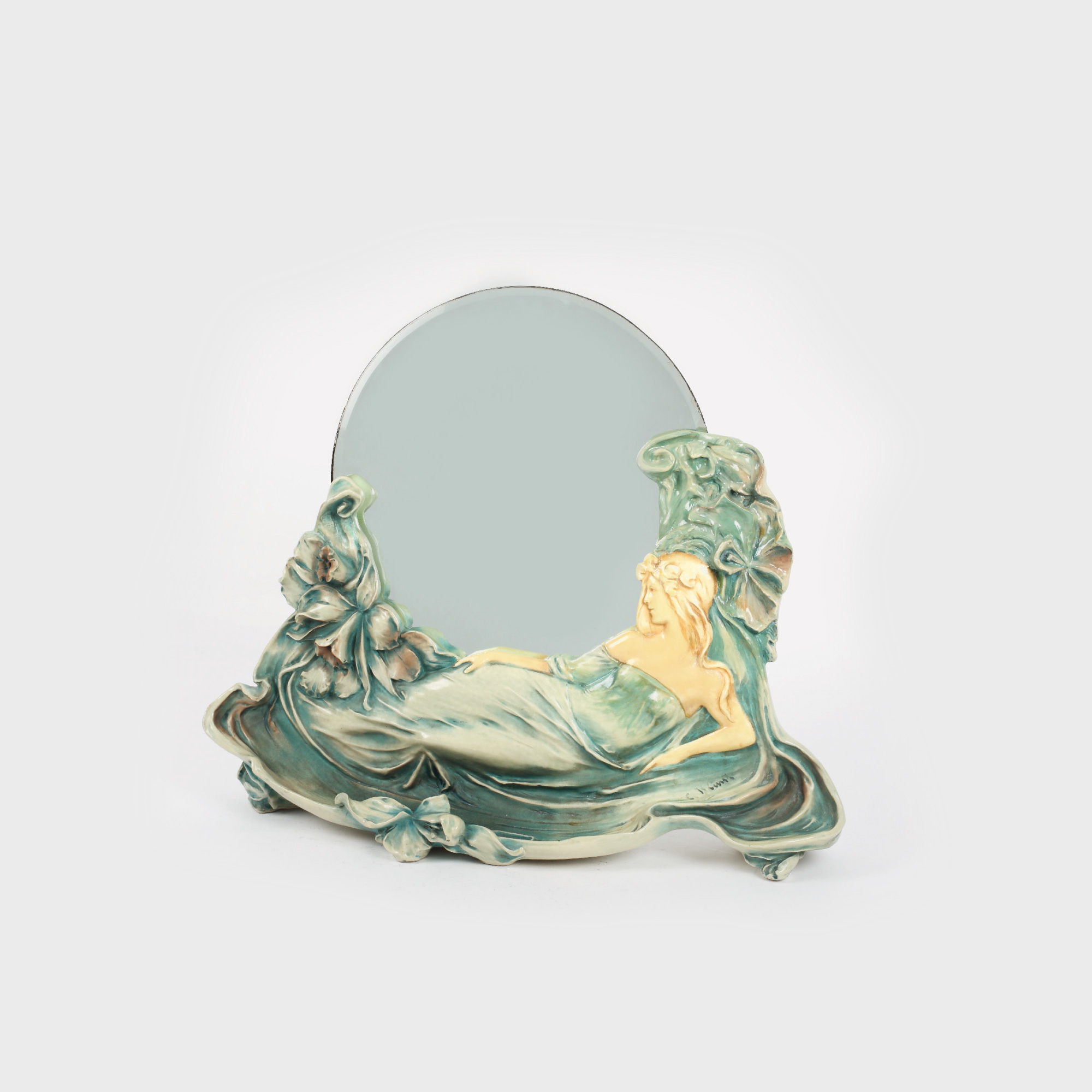 Oglindă de masă Bernard Bloch, designer Carl Klimt, stil Art Nouveau, decorată cu nimfă pe marginea apei, cca. 1900
