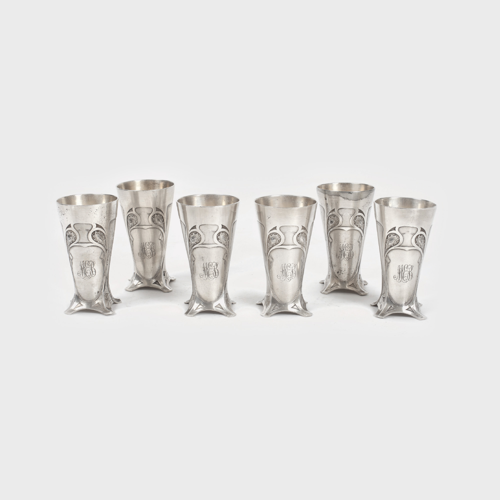 Serviciu WMF din șase pahare argintate Jugendstil, pentru vin, 1909-1914
