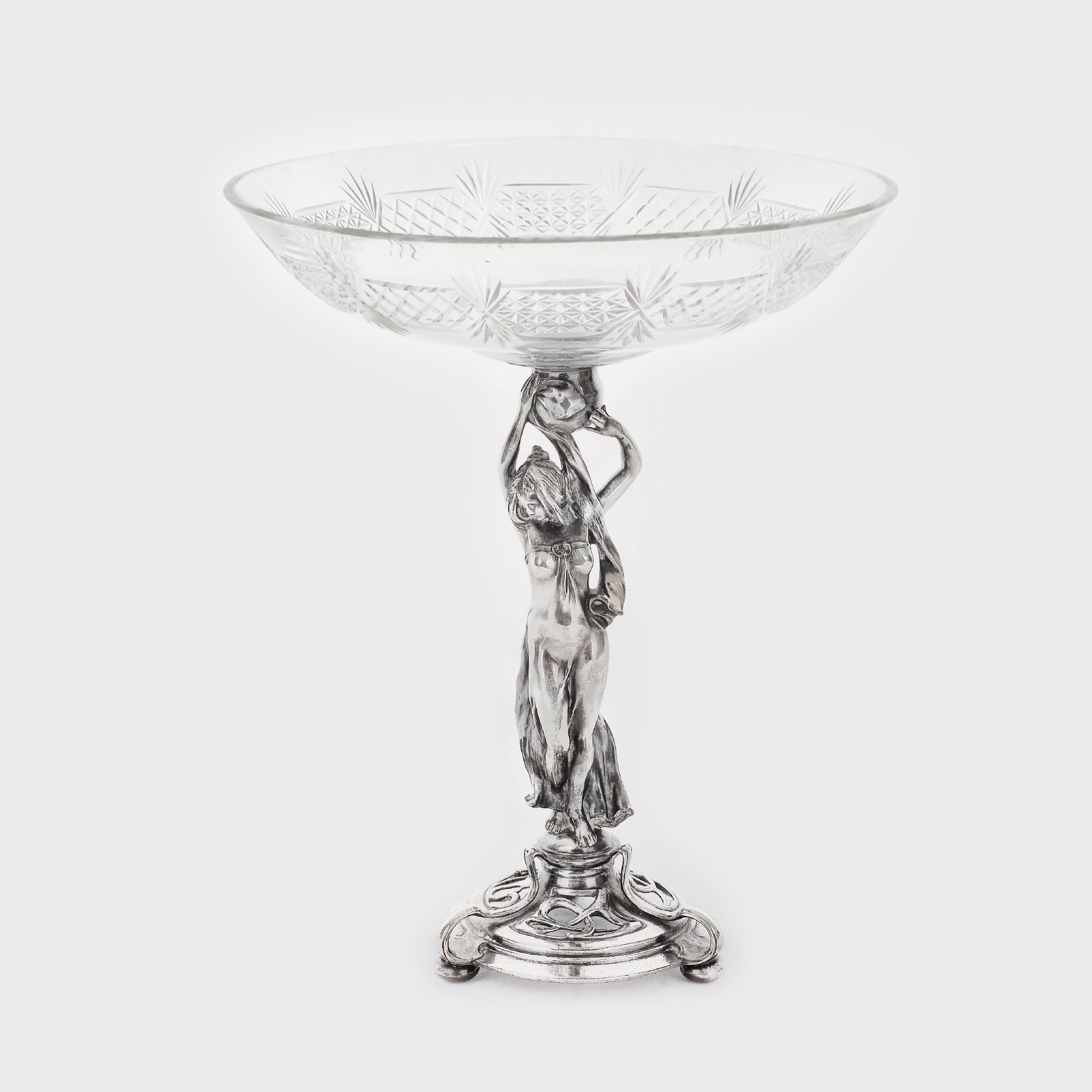 Fructieră argintată WMF, stil Art Nouveau, decorată cu naiadă, cca. 1900