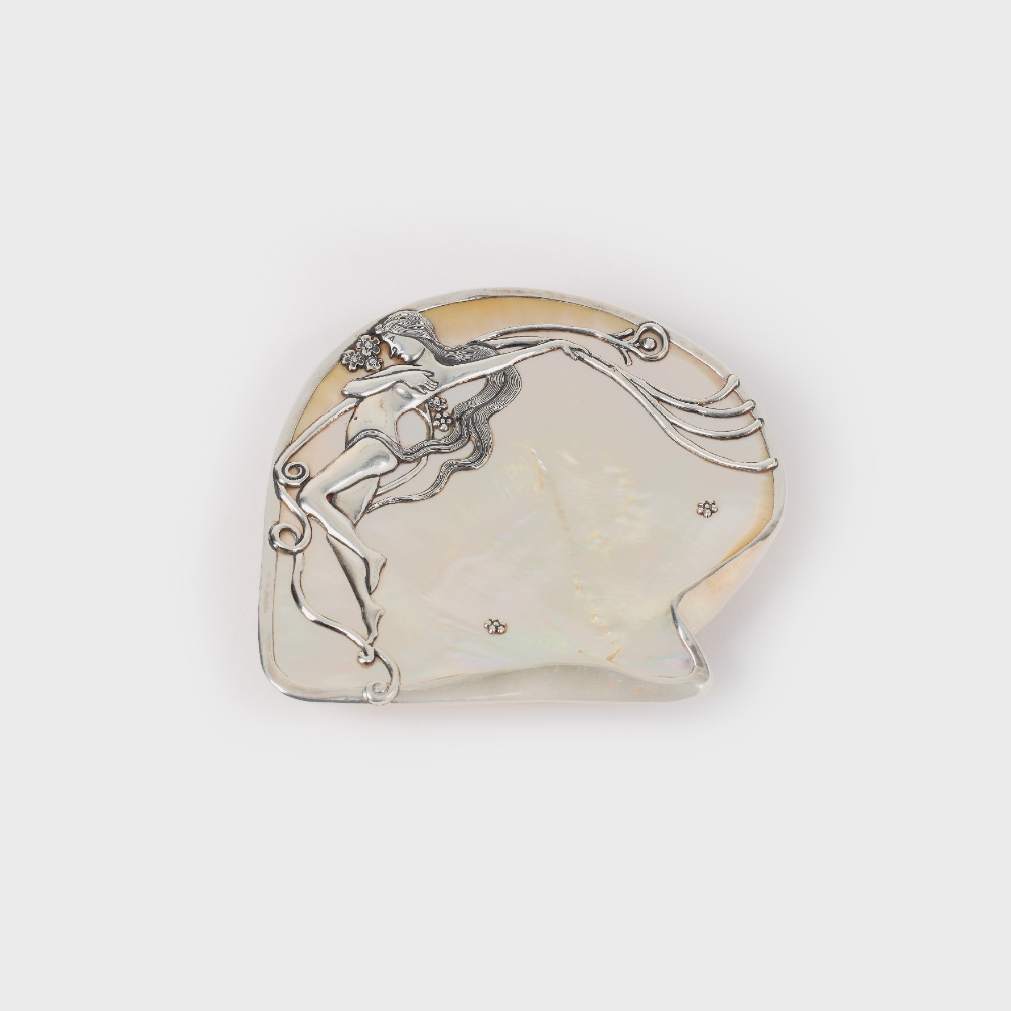 Piesă decorativă din sidef și argint, manieră Art Nouveau, decorat cu zâna apelor