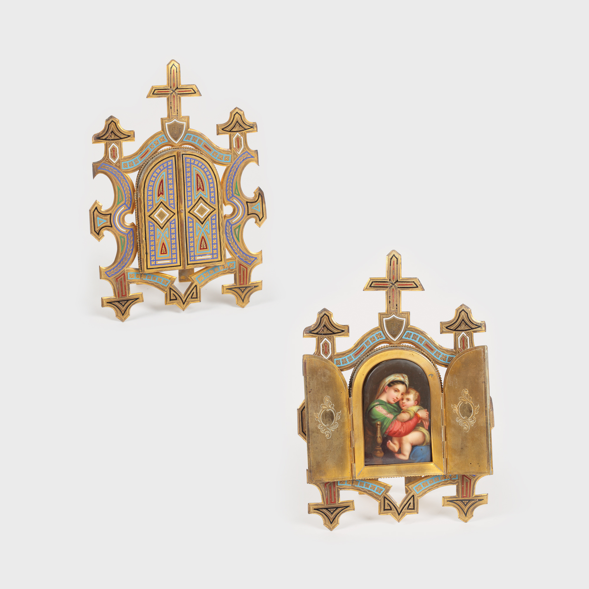 Icoană de altar, din bronz și email, cu scena Sfintei Fecioare cu Pruncul, 1870