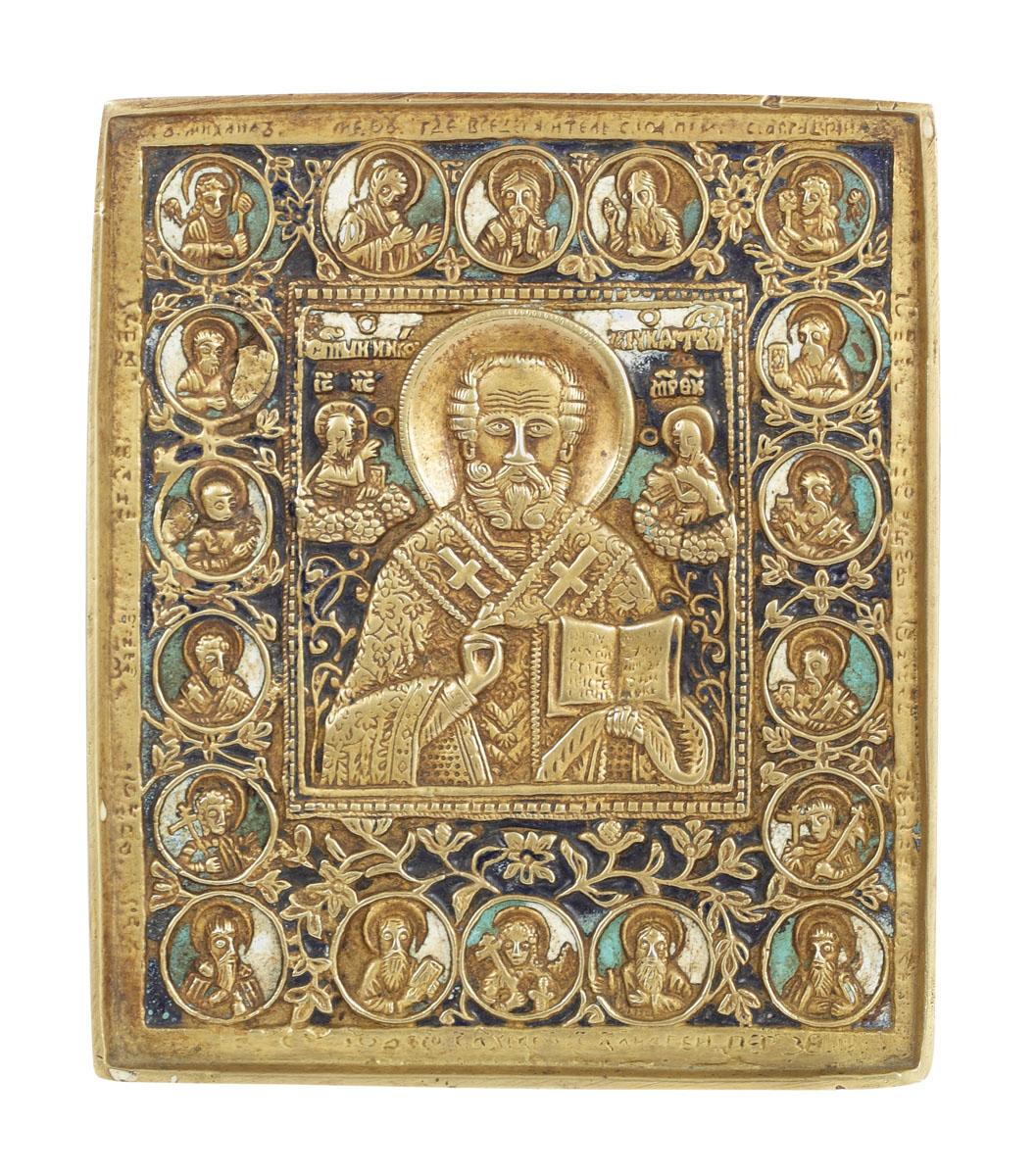 Icoană românească "Sfântul Ierarh Nicolae" minuțios decorată, din bronz și email, începutul sec. XIX