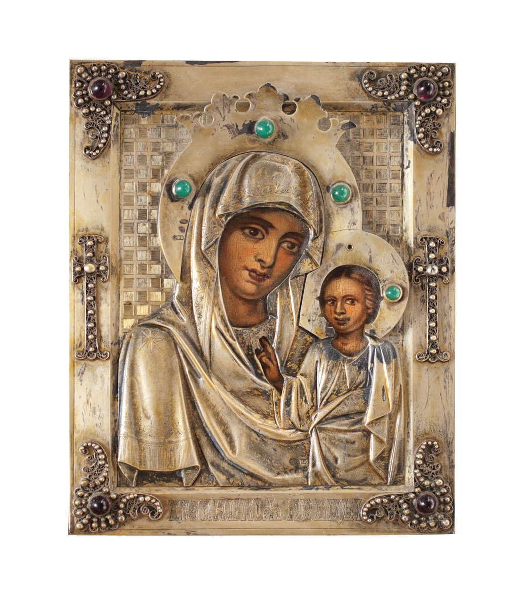 Icoană "Maica Domnului cu Pruncul Iisus", cu ferecătură din argint și decorată cu sticlă colorată, pe verso cu dedicație către bijutierul Curții Regale, Theodor Radivon, cca. 1910, piesă de colecție