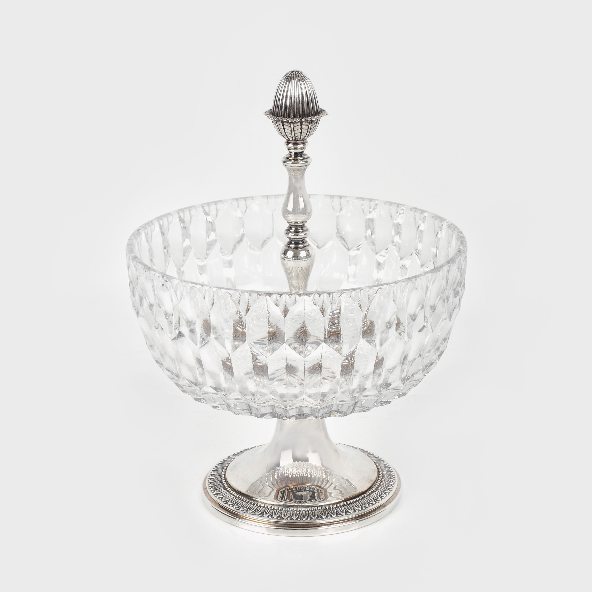 Elegantă fructieră din argint și cristal, decorată cu frunze de laur