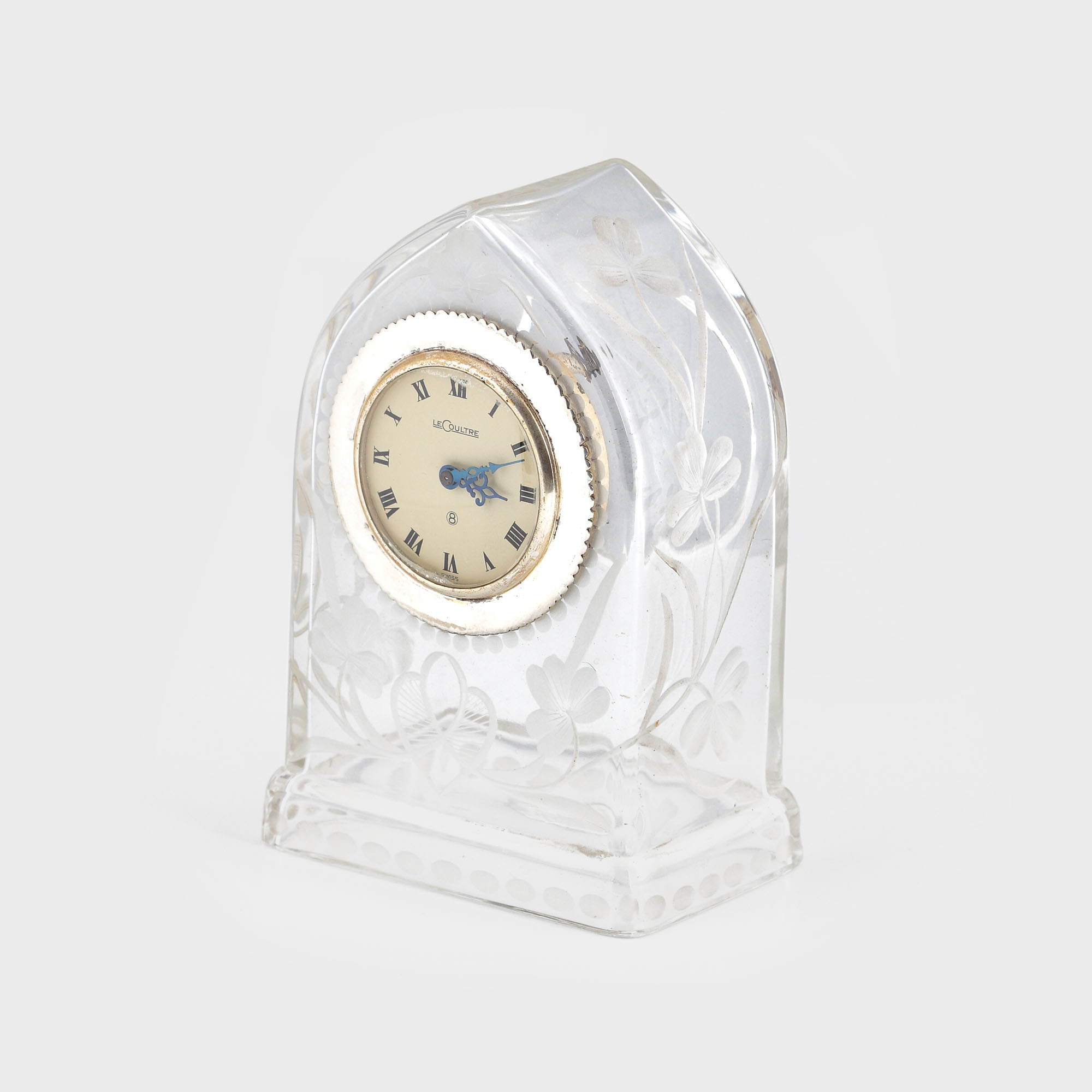 Ceas Jaeger-LeCoultre, de birou, din cristal, gravat cu frunze de trifoi, începutul sec. XX