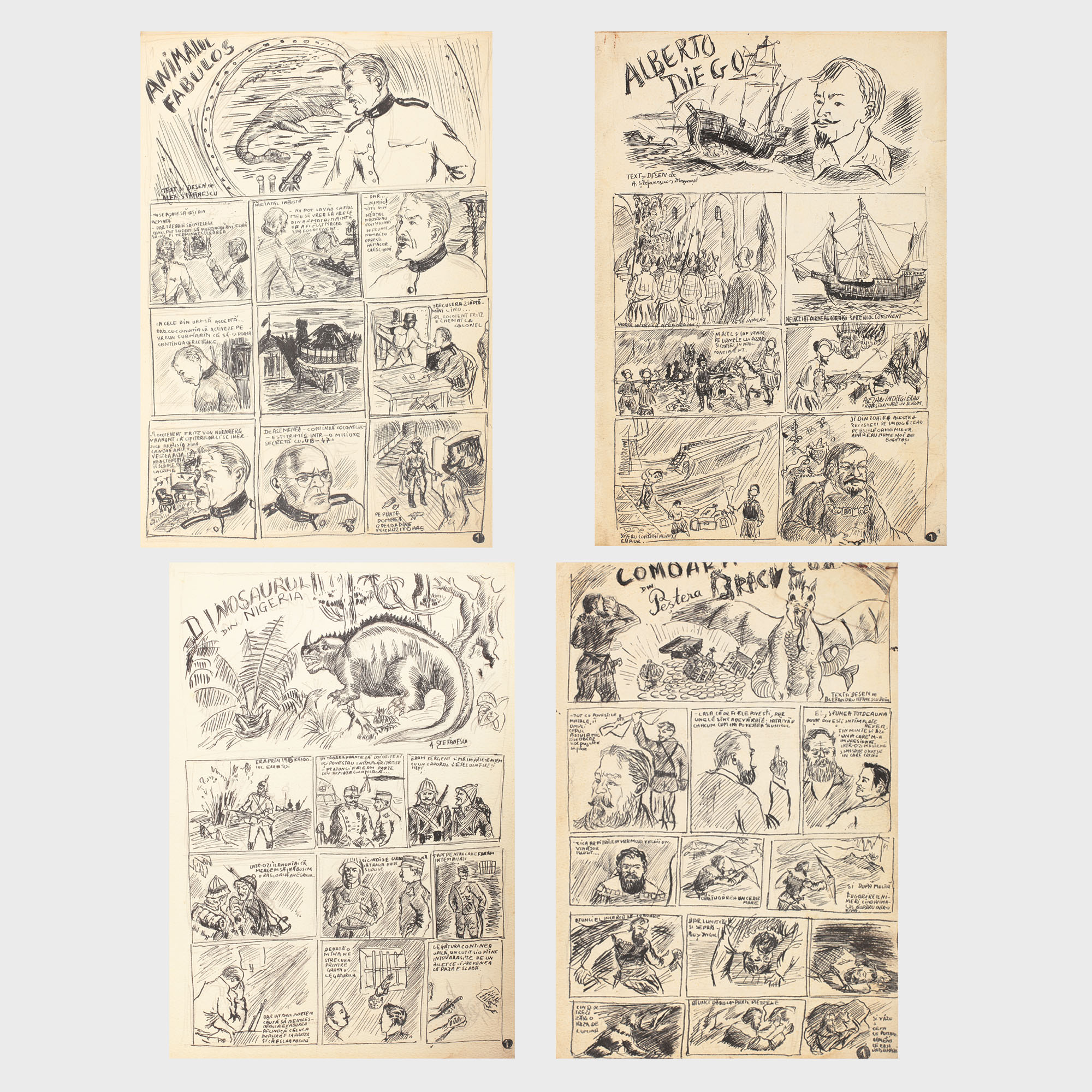 Patru planșe inedite, 19 pagini: "Alberto Diego", "Comoara din Peştera Dragonului", "Animalul Fabulos", "Dinosaurul din Nigeria", anii '70
