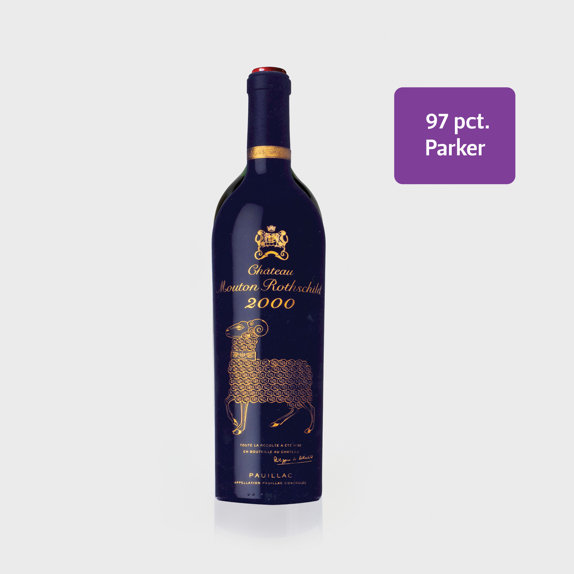 Mouton Rotschild 2000 Premier Cru Classé 75 cl. în cutie de lemn, 1 sticlă x 75 cl. - etichetă Augsburg Ram