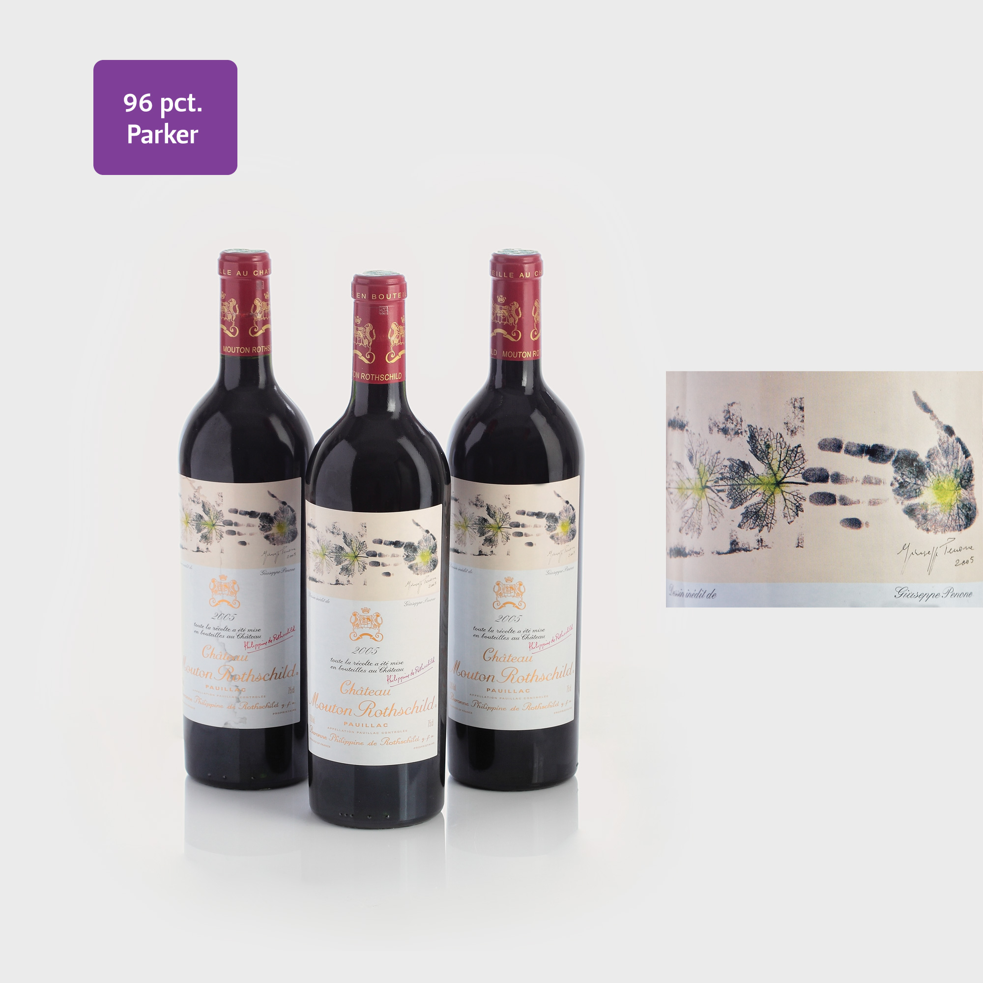 Mouton Rothschild 2005 Premier Cru Classé 75 cl. în cutie de lemn, 3 sticle x 75 cl. - etichetă de Giuseppe Penone