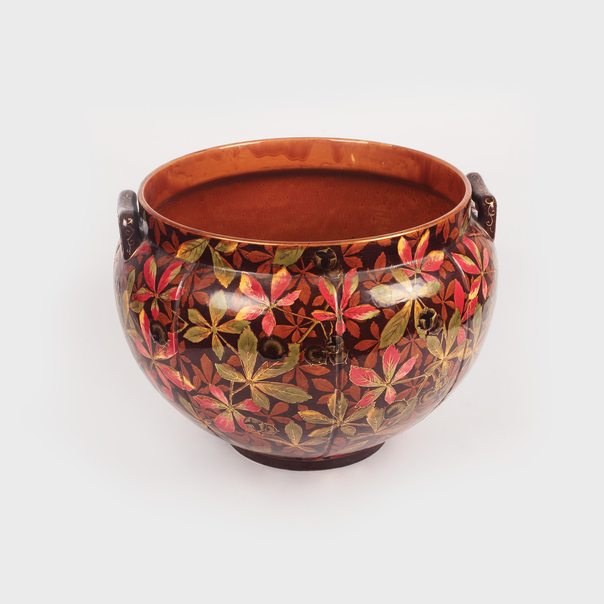 Cache-pot Keller & Gerin, stil Art Nouveau, pictat cu frunze de castan și aur, cca. 1900