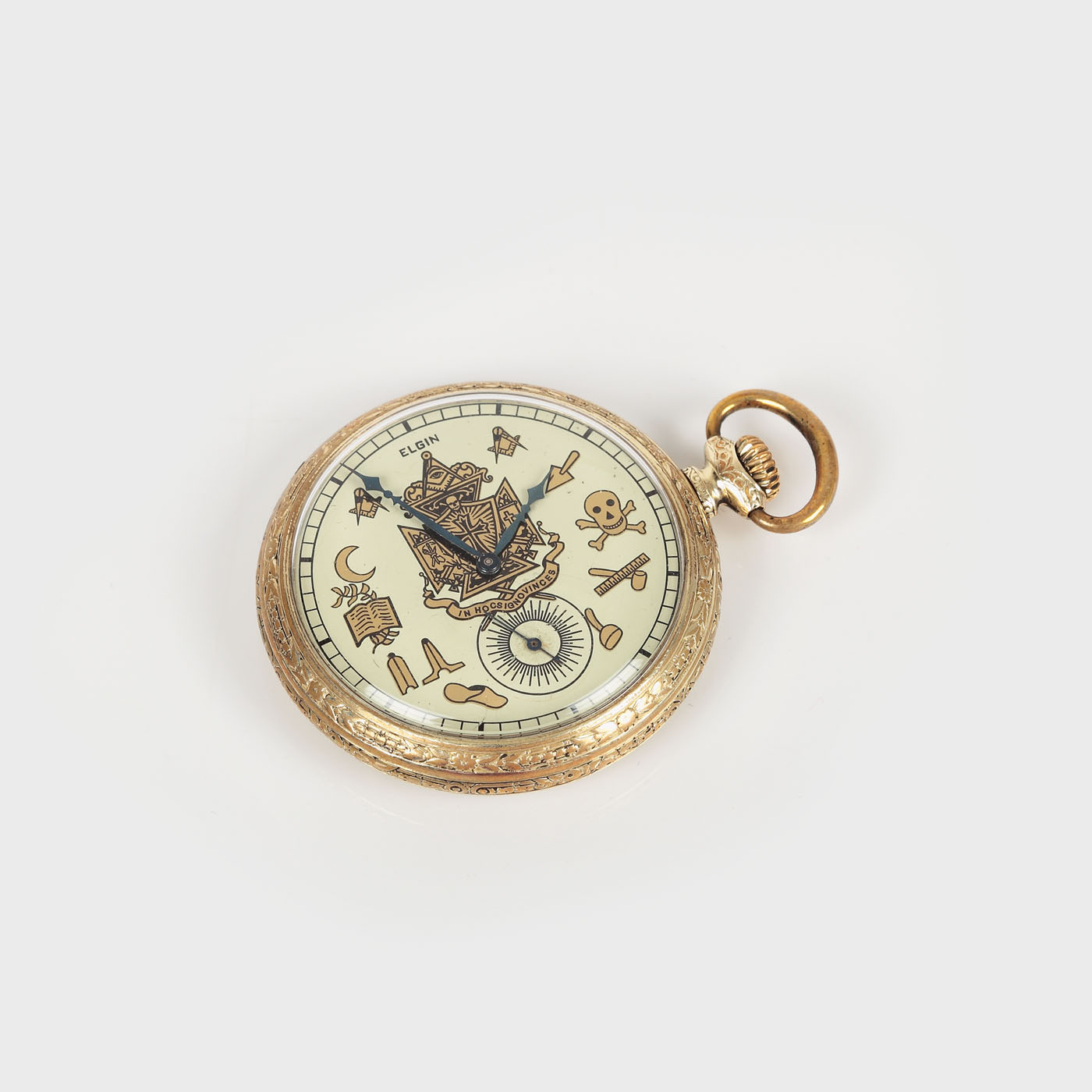 Ceas Elgin, de buzunar, bărbătesc, aurit, cu însemne masonice, 1897, piesă de colecție, în stare de funcționare