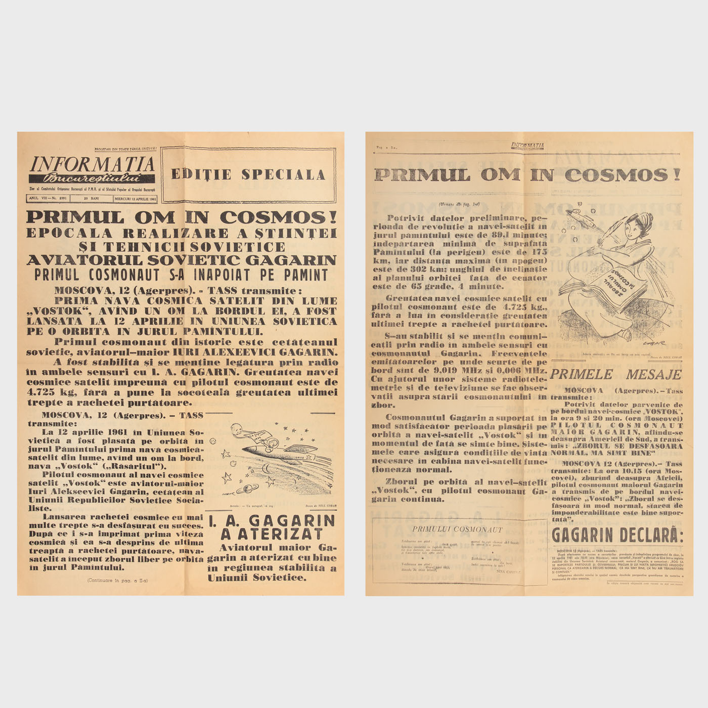 Ziarul Informația Bucureștiului din 12 aprilie 1961, "Primul om în cosmos"