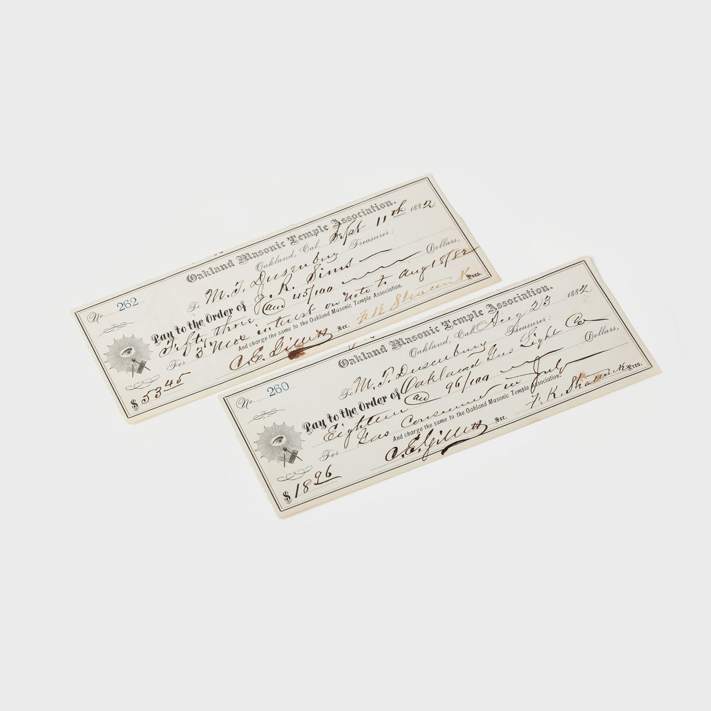 Lot de 2 cecuri ale Oakland Masonic Temple Association, 1882, Pacific Bank