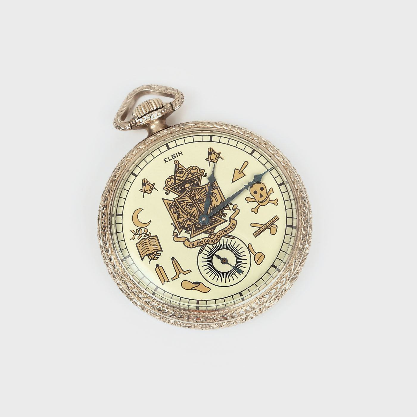 Ceas Elgin de buzunar, bărbătesc, argintat, decorat cu simboluri masonice, 1893