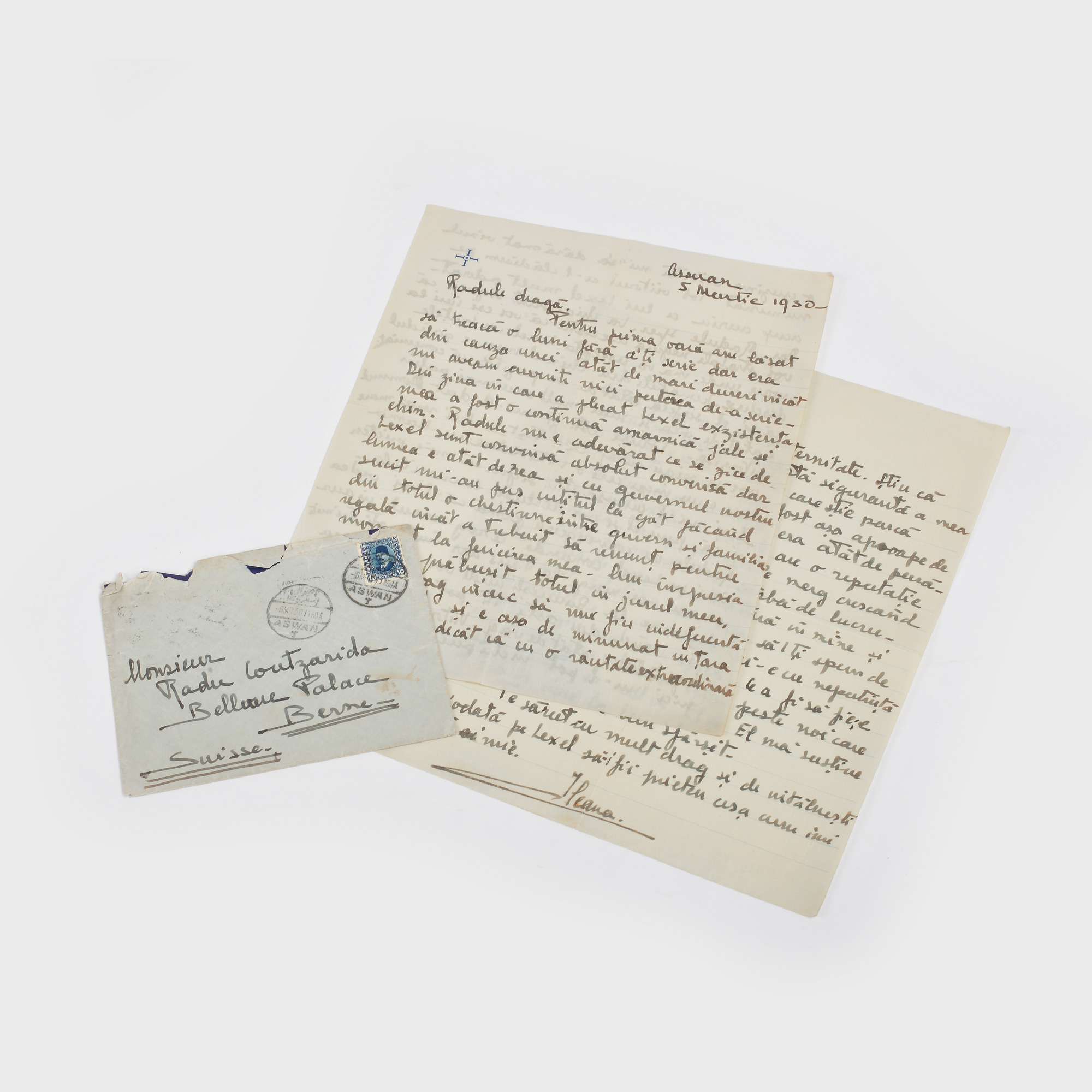 Scrisoare olografă trimisă de principesa Ileana către ambasadorul și diplomatul Radu Cuțarida, 1930, 2 file, în plicul original